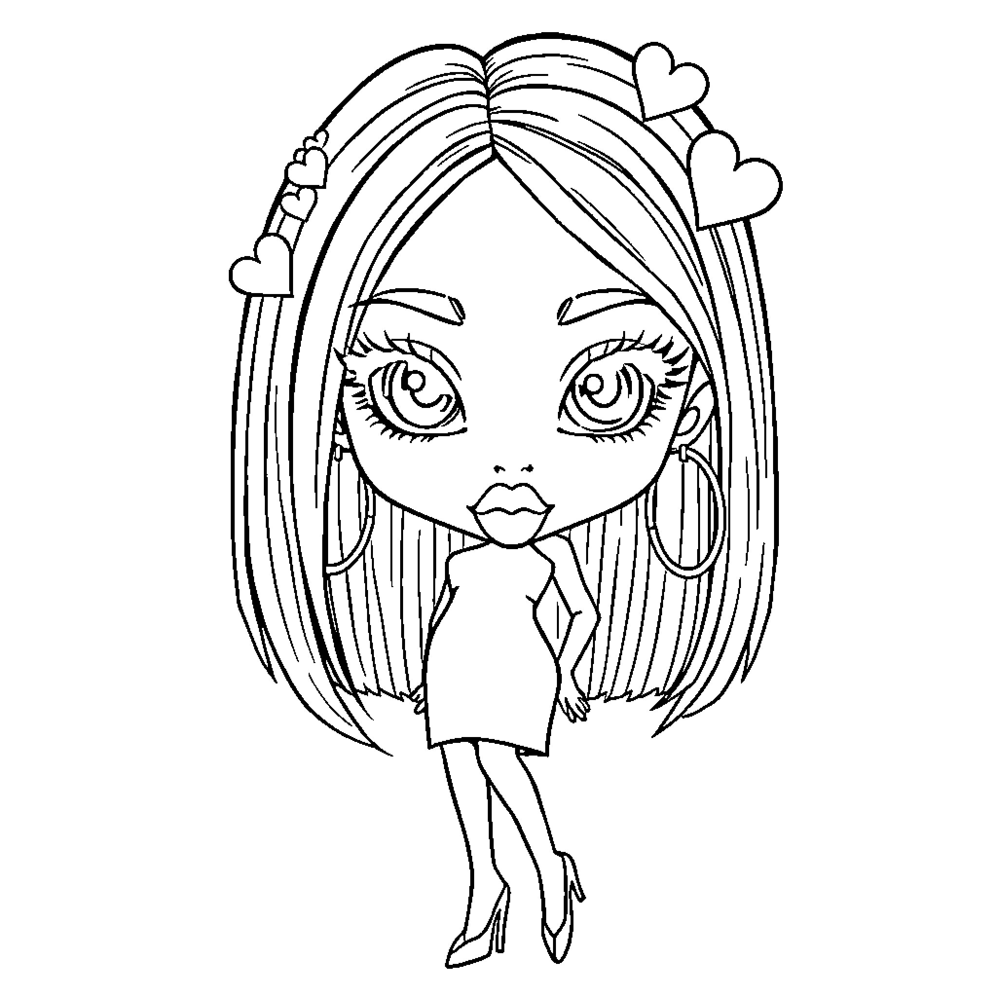 Girl with hearts in her hair and big eyes Coloring Page (free black-and-white line drawing printable PDF for all, from beginners to advanced learners, including children, teens, adults, and seniors)
