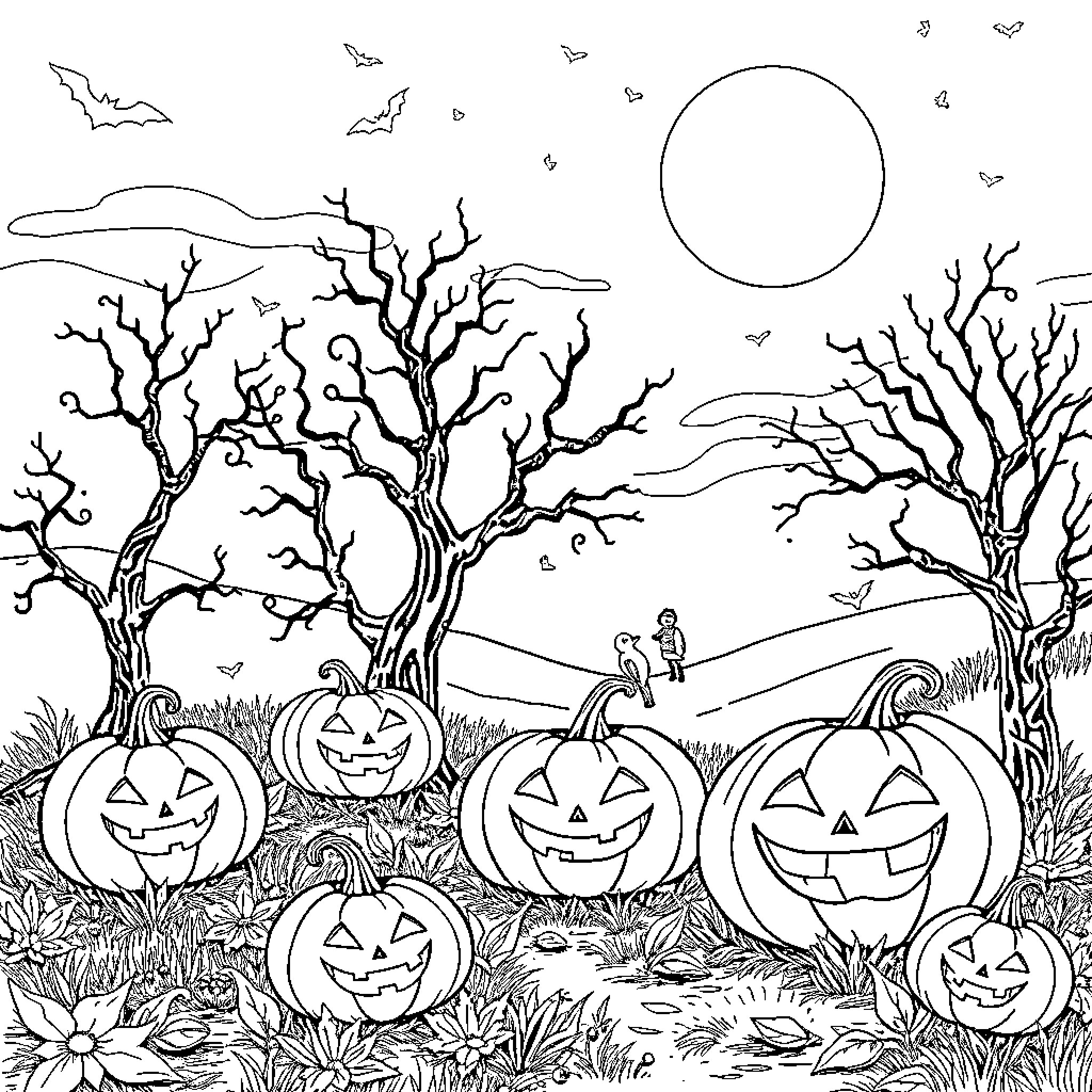 Halloween Pumpkins and Ghosts in Spooky Forest Coloring Page (free black-and-white line drawing printable PDF for all, from beginners to advanced learners, including children, teens, adults, and seniors)