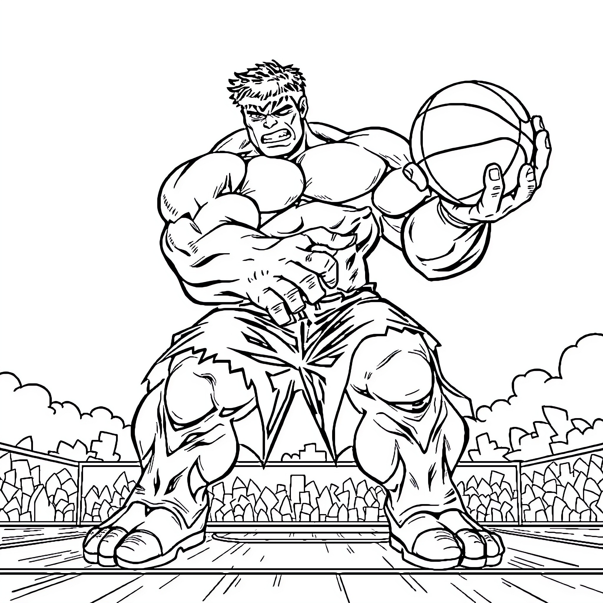 Hulk stomping triumphantly over the city Coloring Page (free black-and-white line drawing printable PDF for all, from beginners to advanced learners, including children, teens, adults, and seniors)