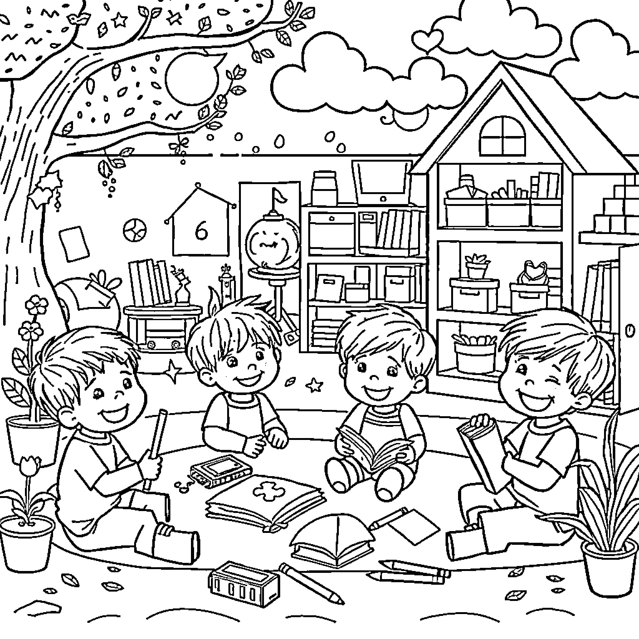 Kindergarten friends enjoying learning and playing together Coloring Page (free black-and-white line drawing printable PDF for all, from beginners to advanced learners, including children, teens, adults, and seniors)