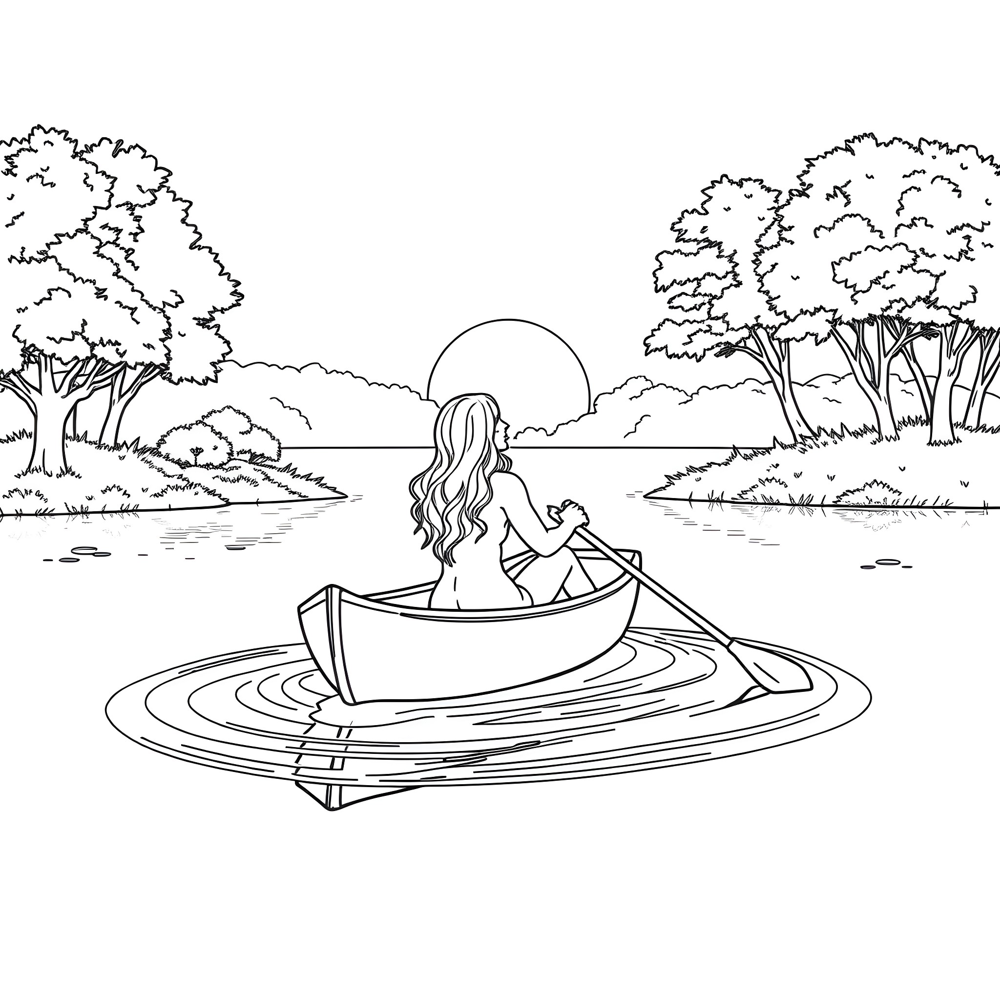 Brittney Spears enjoying a peaceful boat ride in nature Coloring Page (free black-and-white line drawing printable PDF for all, from beginners to advanced learners, including children, teens, adults, and seniors)