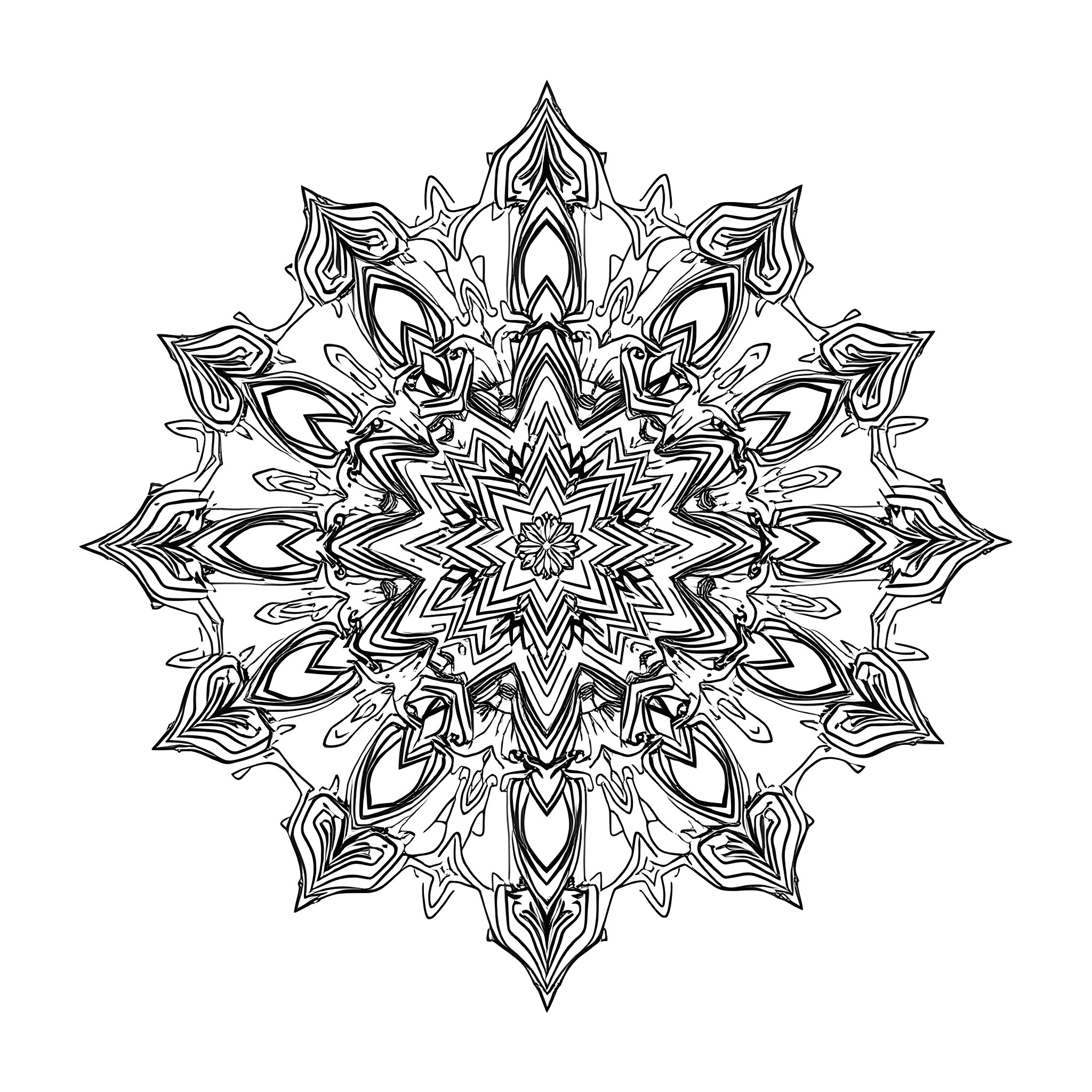 Mandala of intricate geometrical patterns Coloring Page (free black-and-white line drawing printable PDF for all, from beginners to advanced learners, including children, teens, adults, and seniors)