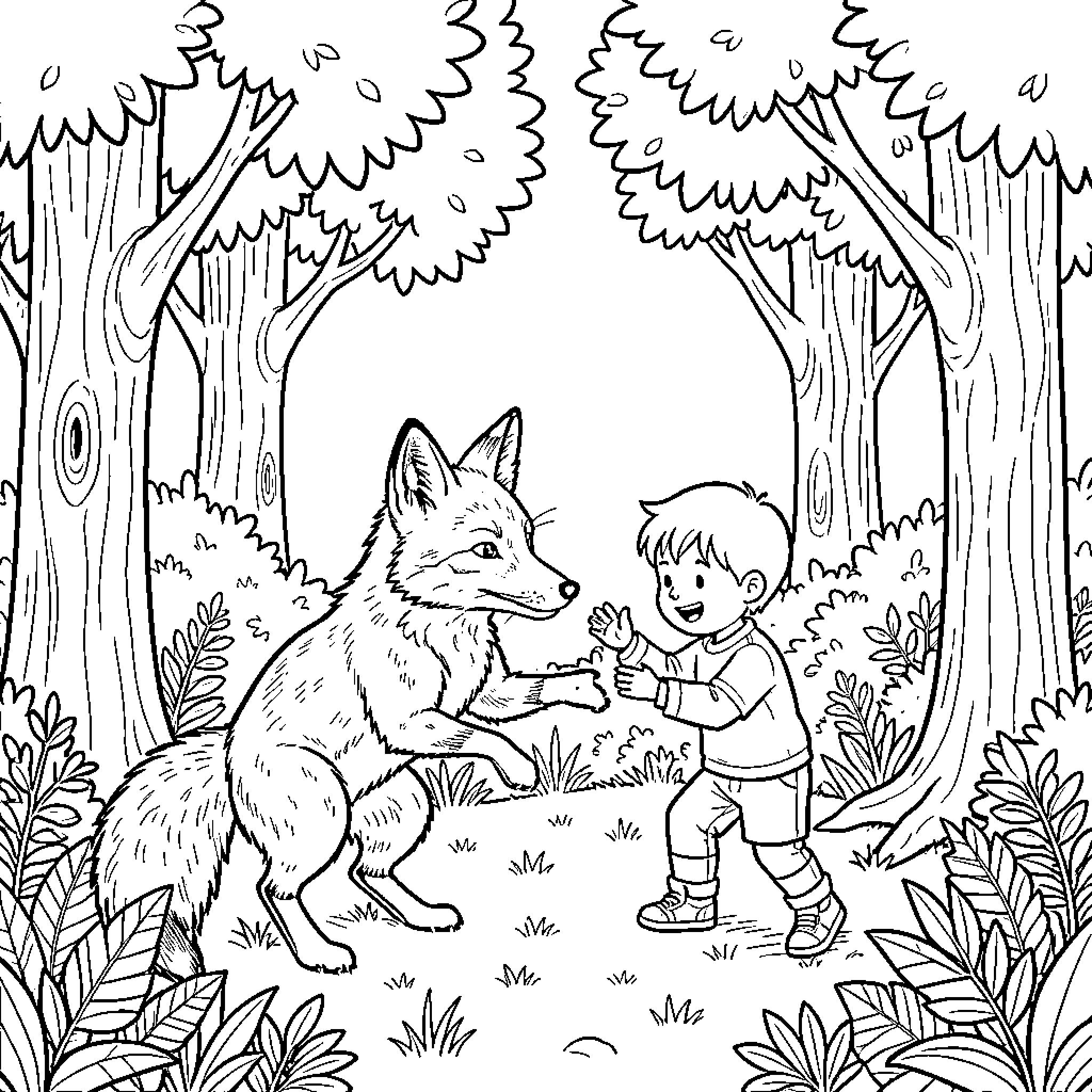 Fox playing friendly with a young boy in forest Coloring Page (free black-and-white line drawing printable PDF for all, from beginners to advanced learners, including children, teens, adults, and seniors)