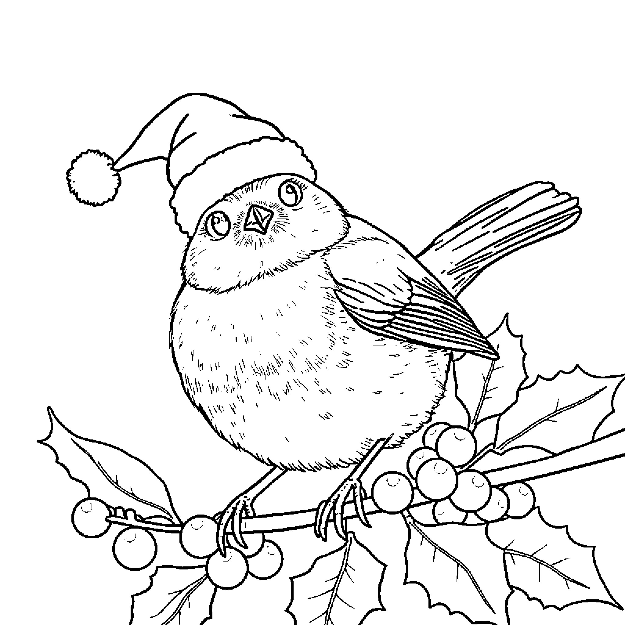 Robin wearing a Santa hat on a holly branch Coloring Page (free black-and-white line drawing printable PDF for all, from beginners to advanced learners, including children, teens, adults, and seniors)