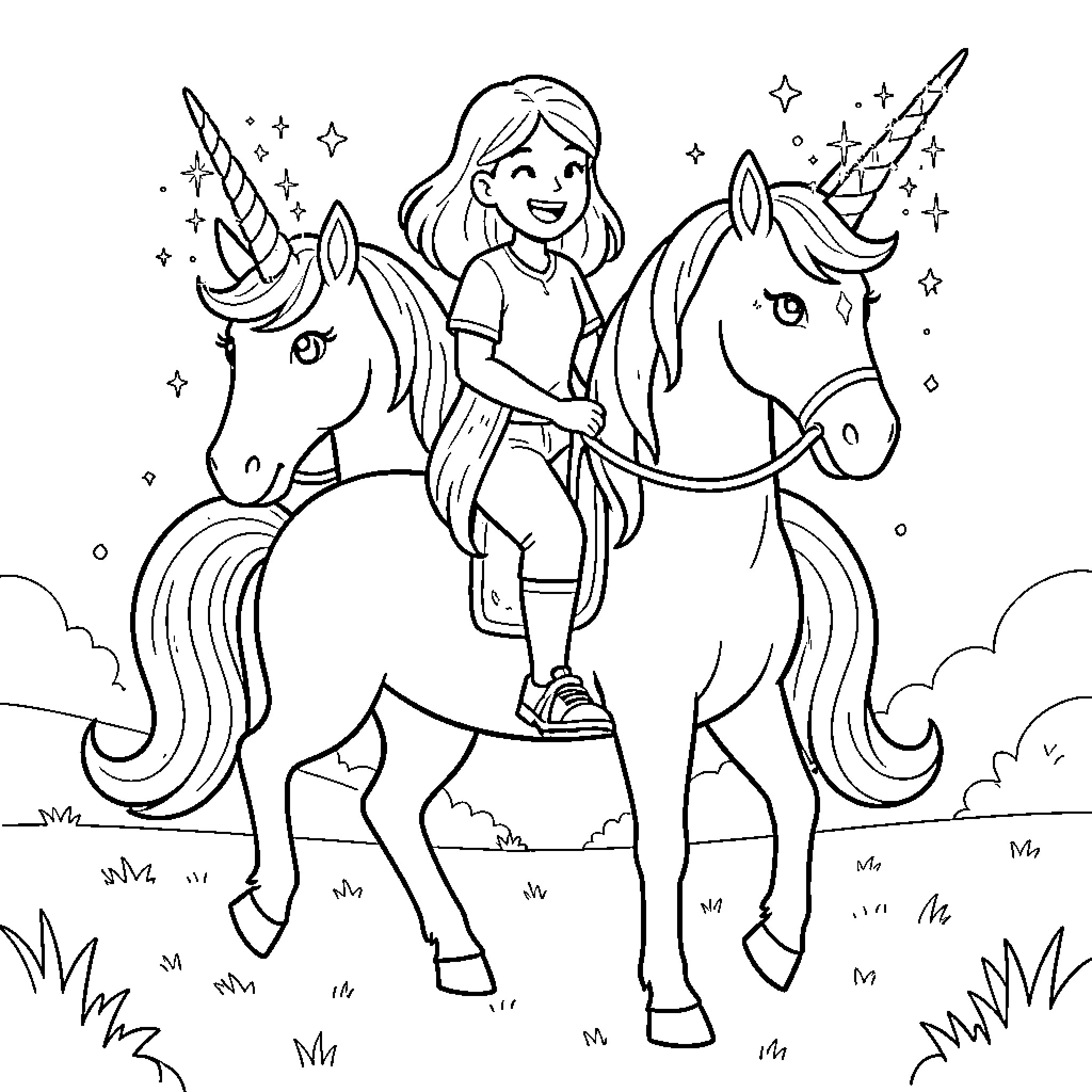 Teacher's Whimsical Unicorn Ride in Magical Meadow Coloring Page (free black-and-white line drawing printable PDF for all, from beginners to advanced learners, including children, teens, adults, and seniors)