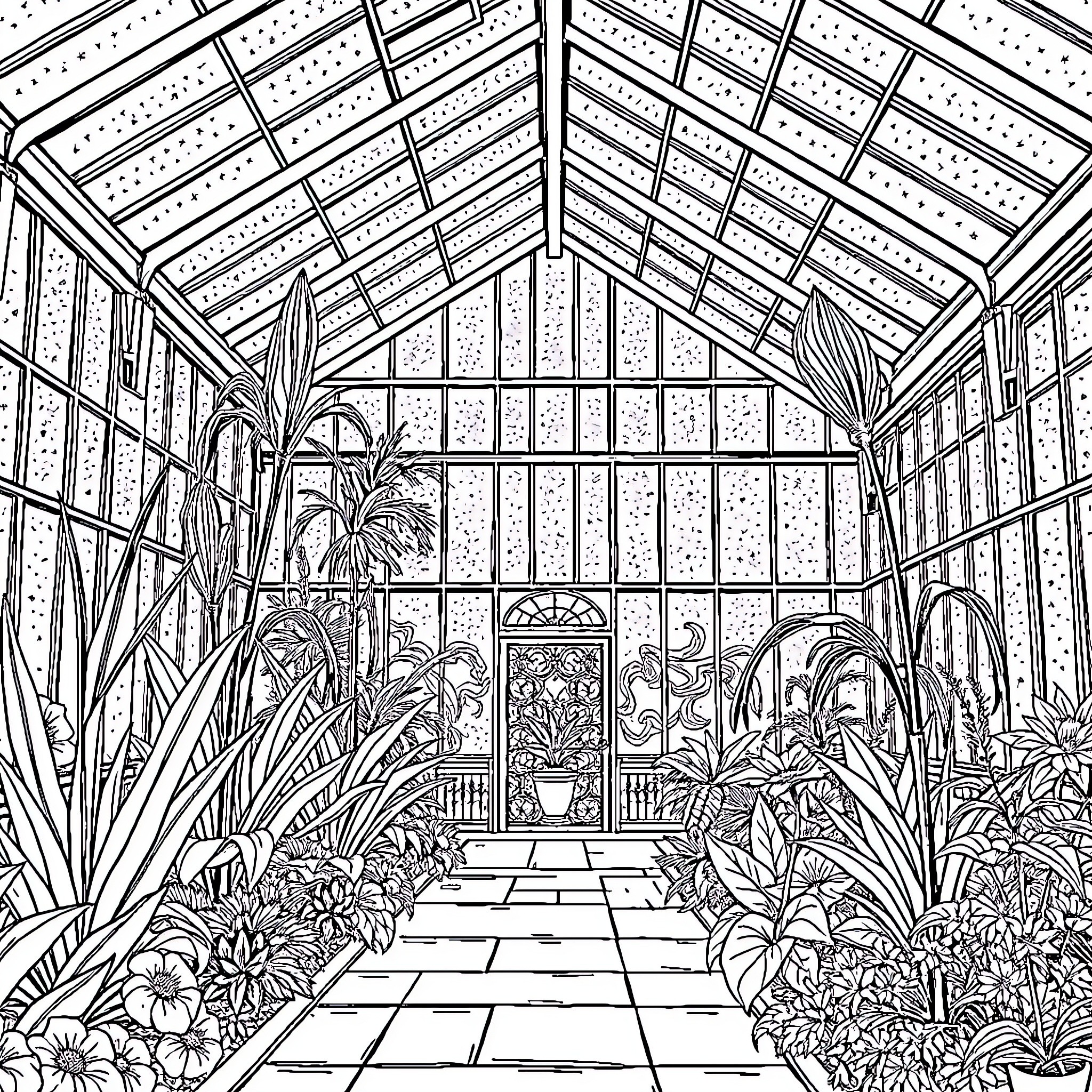 Glasshouse filled with lush botanical scenery Coloring Page (free black-and-white line drawing printable PDF for all, from beginners to advanced learners, including children, teens, adults, and seniors)