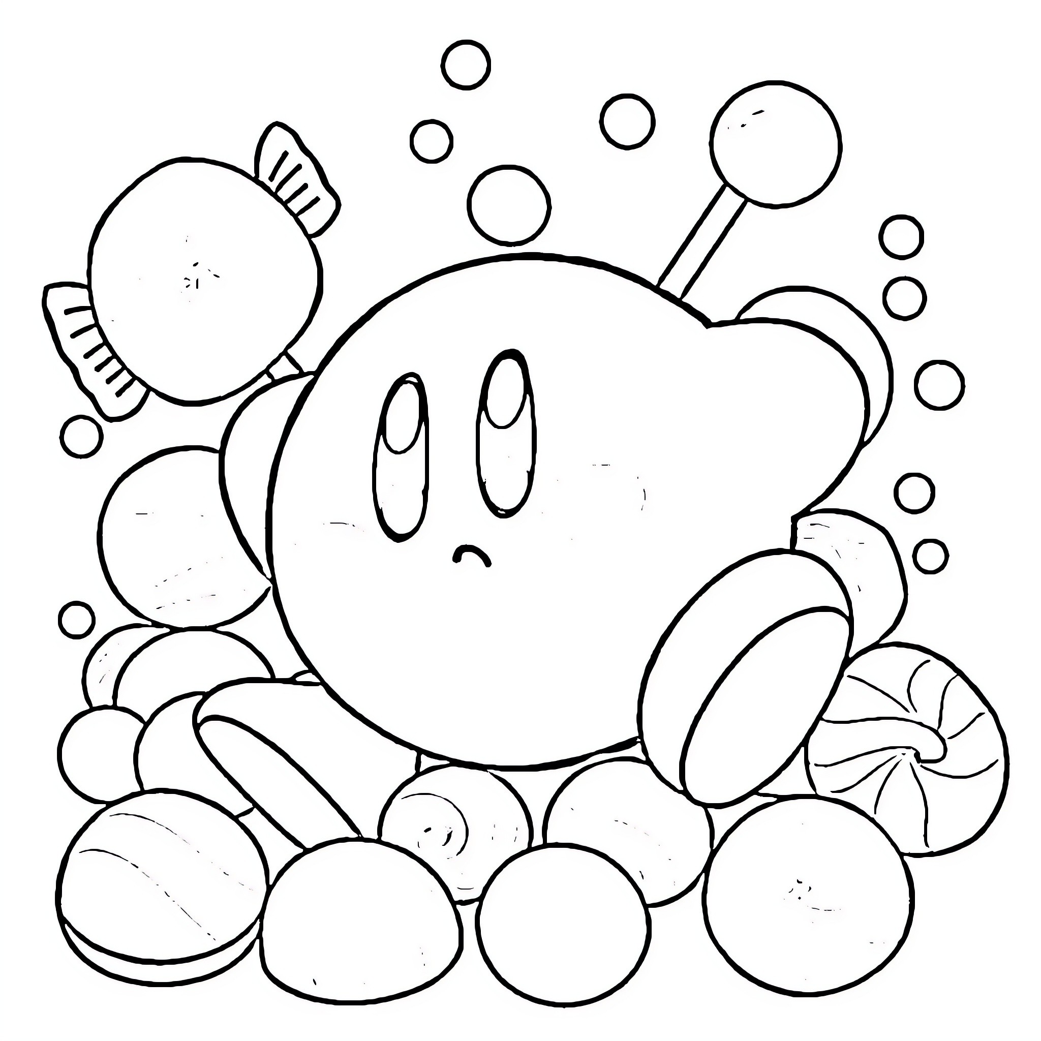 Kirby's Underwater Adventure Coloring Page (free black-and-white line drawing printable PDF for all, from beginners to advanced learners, including children, teens, adults, and seniors)