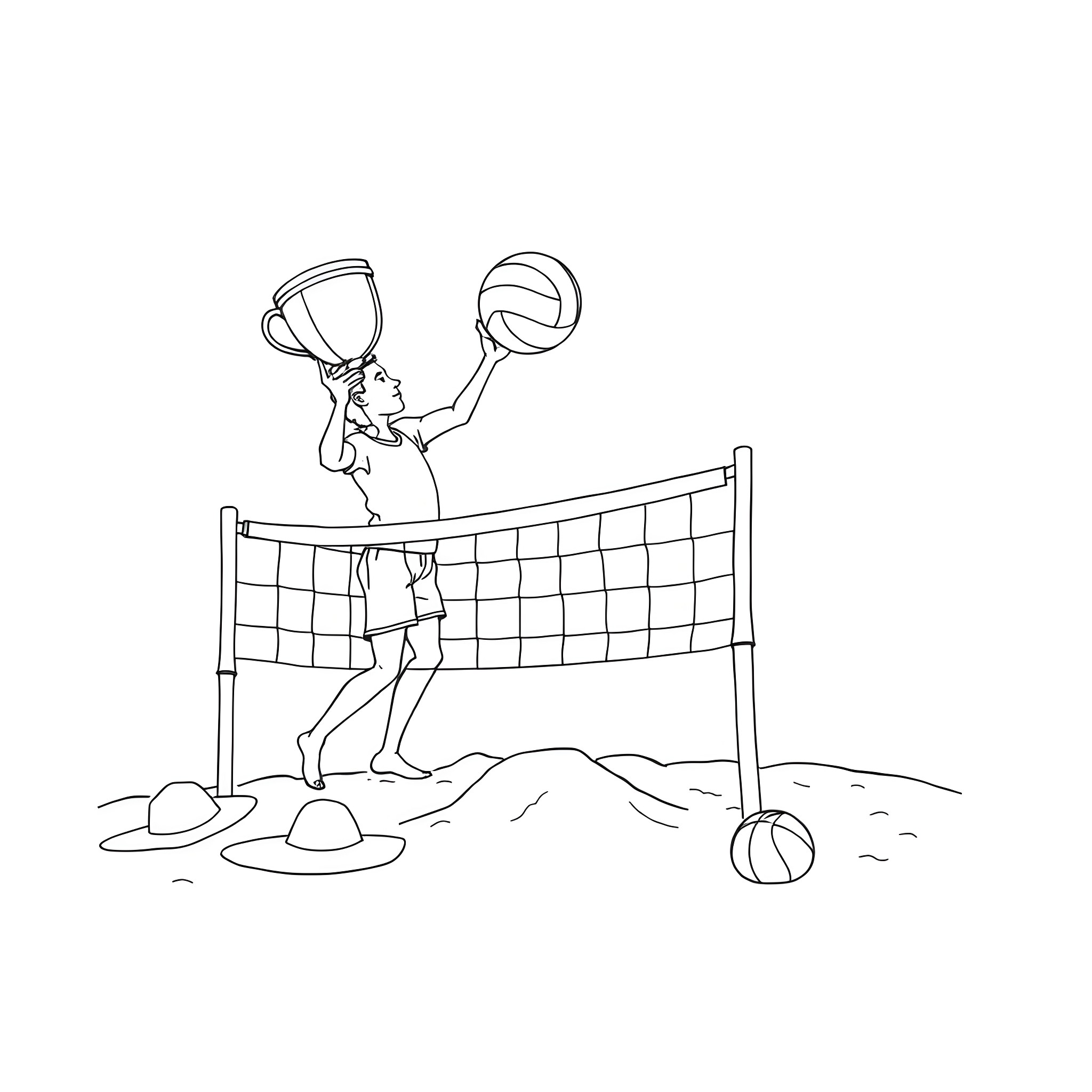 Stanley Cup champion celebrates with volleyball on the beach Coloring Page (free black-and-white line drawing printable PDF for all, from beginners to advanced learners, including children, teens, adults, and seniors)