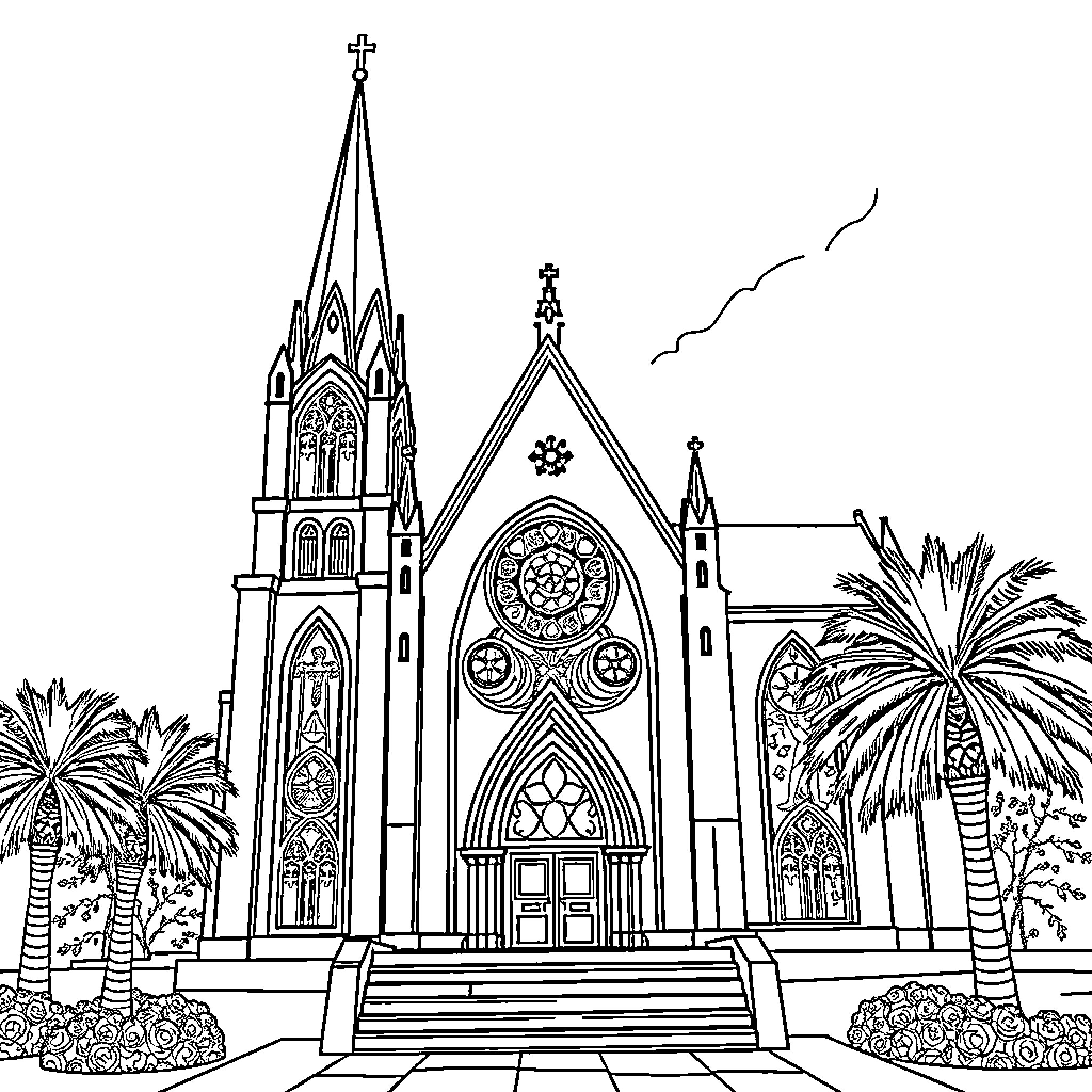 St Tadros' Ornate Cathedral Amidst Tropical Landscape Coloring Page (free black-and-white line drawing printable PDF for all, from beginners to advanced learners, including children, teens, adults, and seniors)