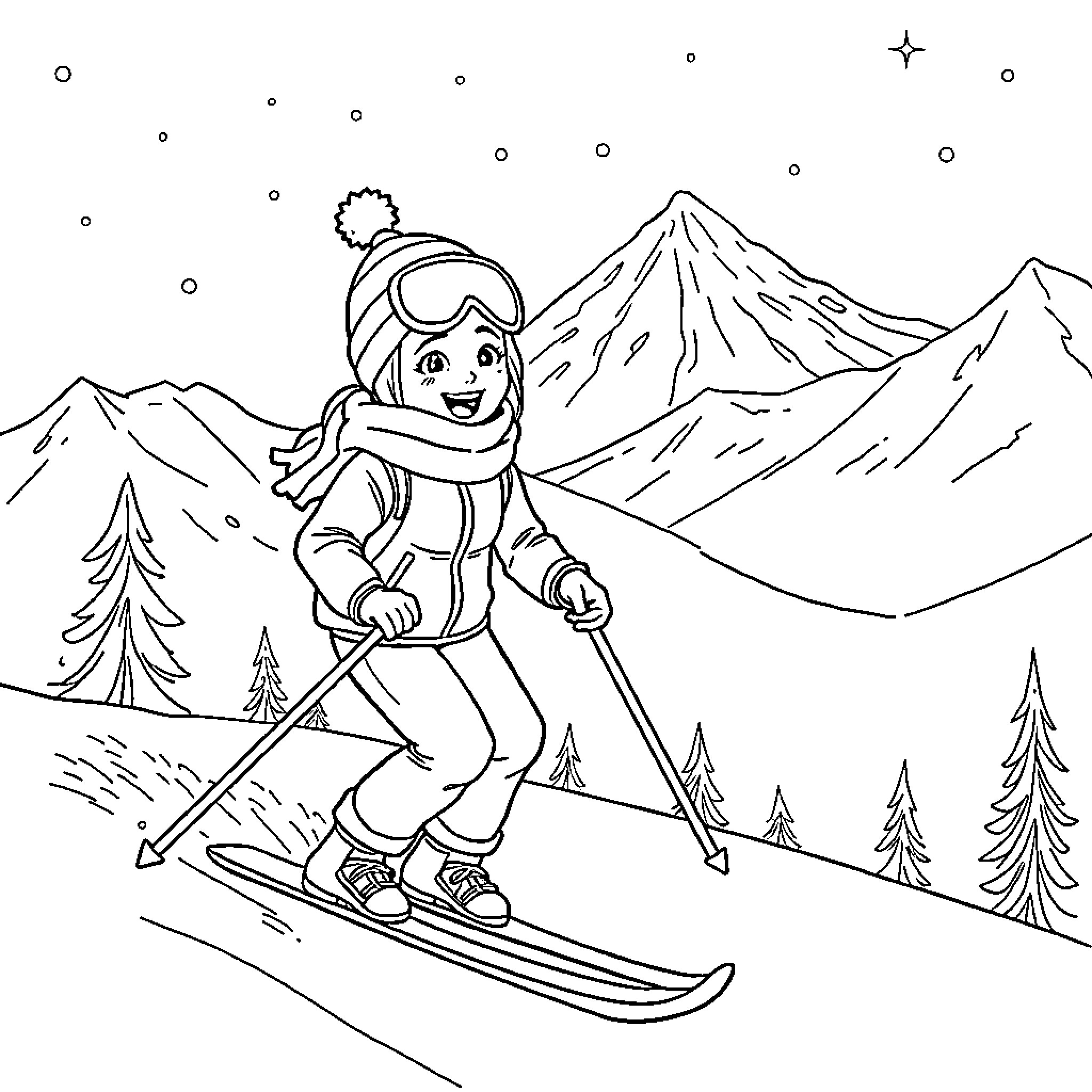 Gabby's Snowy Mountain Ski Adventure Coloring Page (free black-and-white line drawing printable PDF for all, from beginners to advanced learners, including children, teens, adults, and seniors)