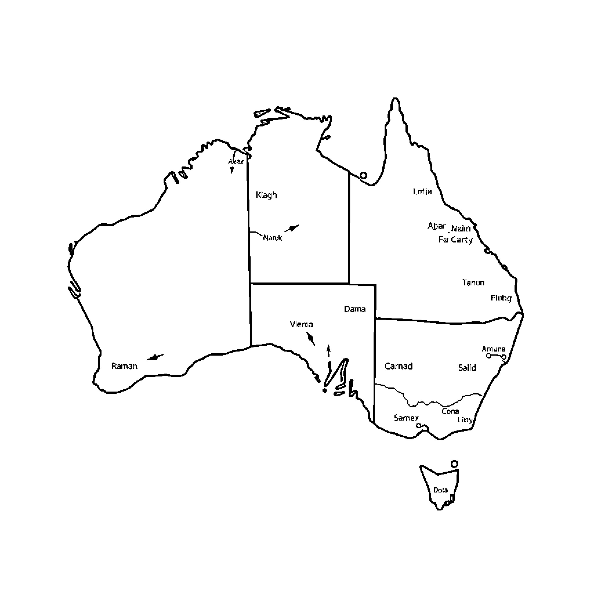Map of geographic regions in Australia Coloring Page (free black-and-white line drawing printable PDF for all, from beginners to advanced learners, including children, teens, adults, and seniors)