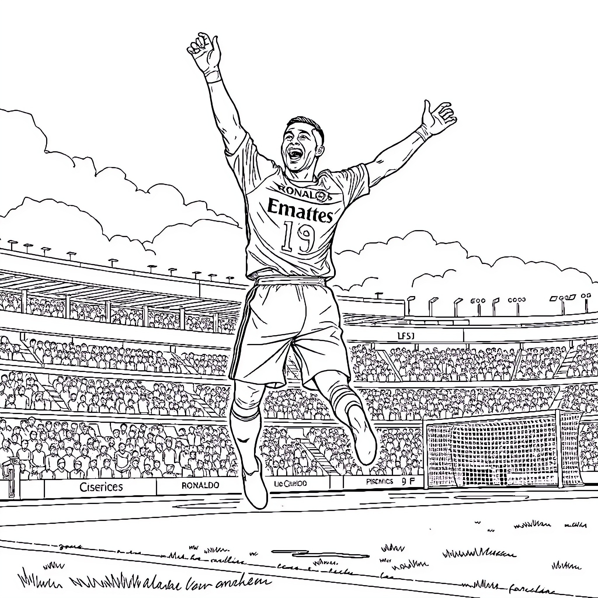 Cristiano Ronaldo Celebrates Victory on the Pitch Coloring Page (free black-and-white line drawing printable PDF for all, from beginners to advanced learners, including children, teens, adults, and seniors)