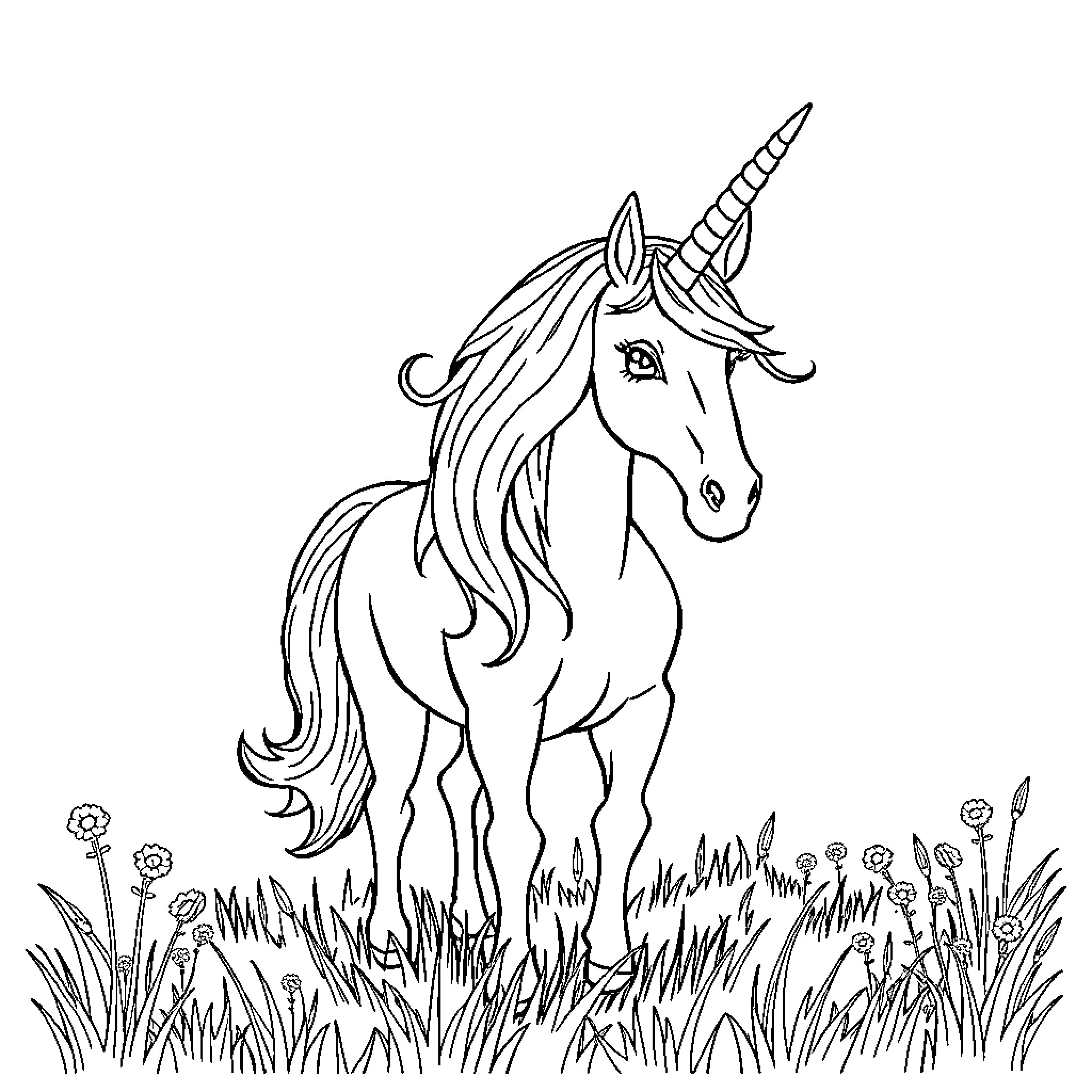 Unicorn standing amidst a field of flowers Coloring Page (free black-and-white line drawing printable PDF for all, from beginners to advanced learners, including children, teens, adults, and seniors)