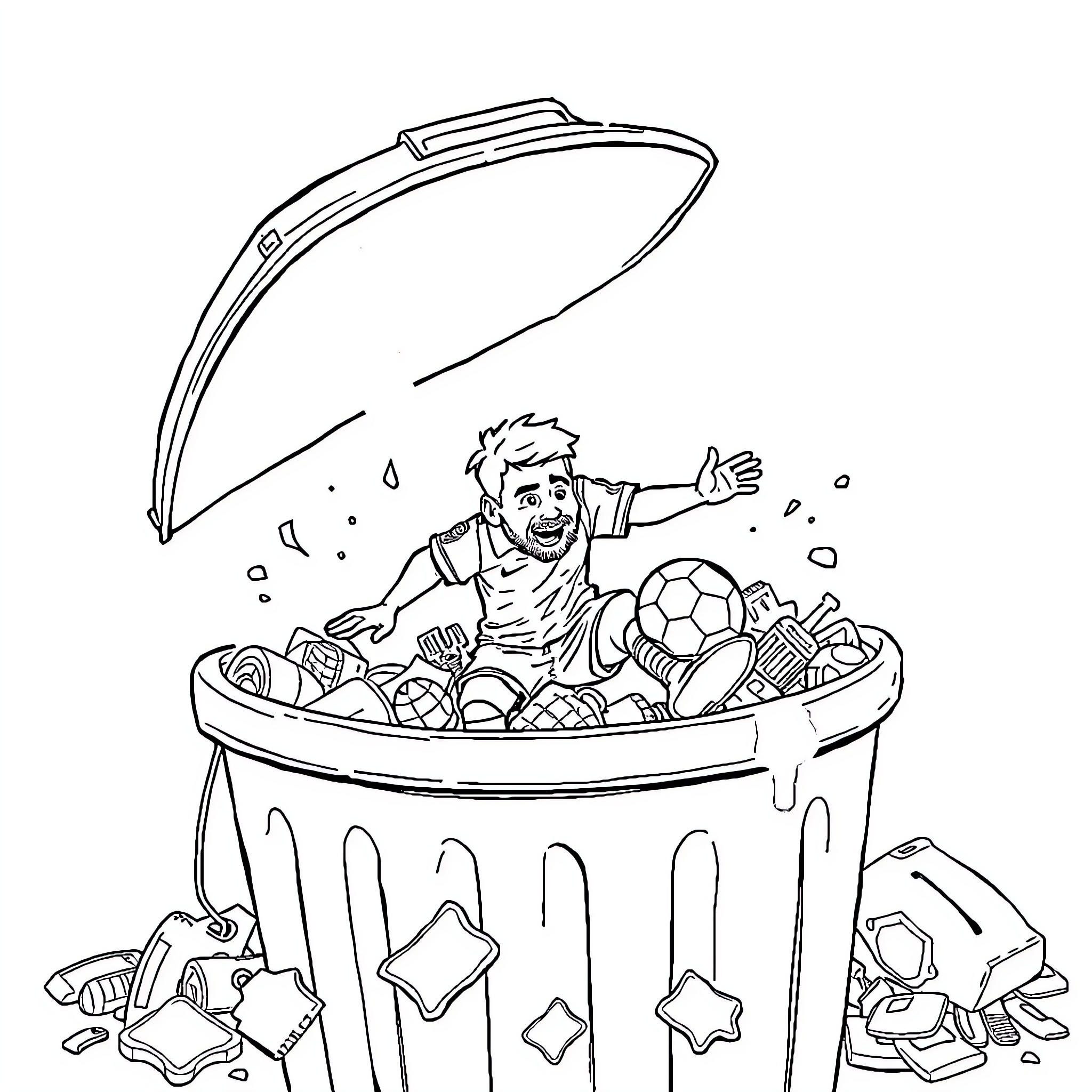 Messi diving into a pile of soccer balls Coloring Page (free black-and-white line drawing printable PDF for all, from beginners to advanced learners, including children, teens, adults, and seniors)