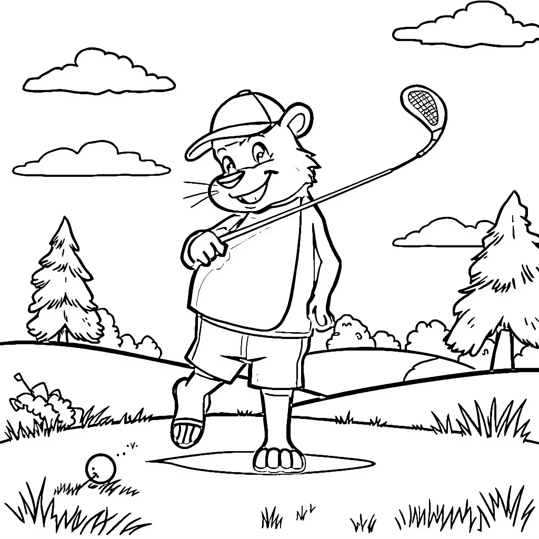 Labubu playing tennis in the park Coloring Page (free black-and-white line drawing printable PDF for all, from beginners to advanced learners, including children, teens, adults, and seniors)