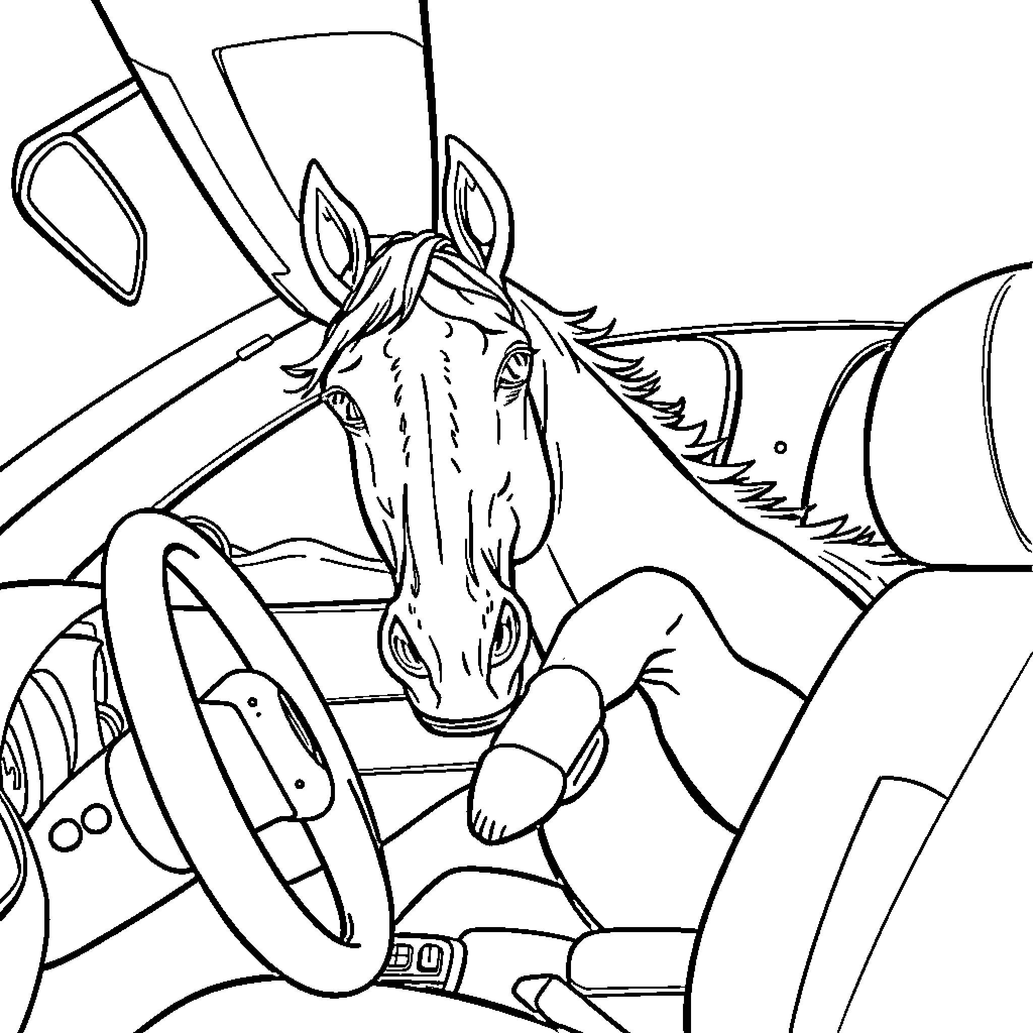 Horse peeking out from inside vehicle Coloring Page (free black-and-white line drawing printable PDF for all, from beginners to advanced learners, including children, teens, adults, and seniors)