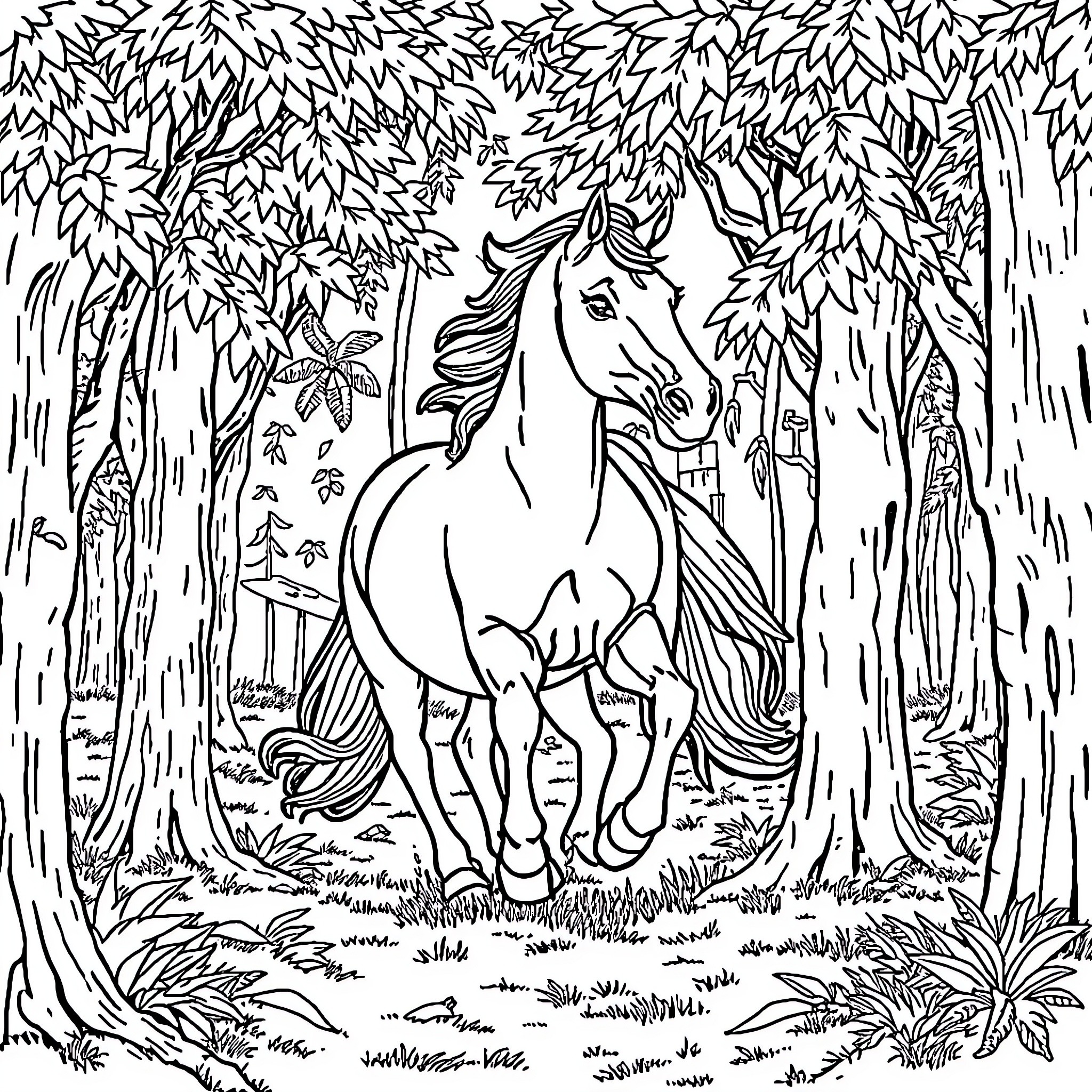 Horse galloping through the enchanted forest Coloring Page (free black-and-white line drawing printable PDF for all, from beginners to advanced learners, including children, teens, adults, and seniors)