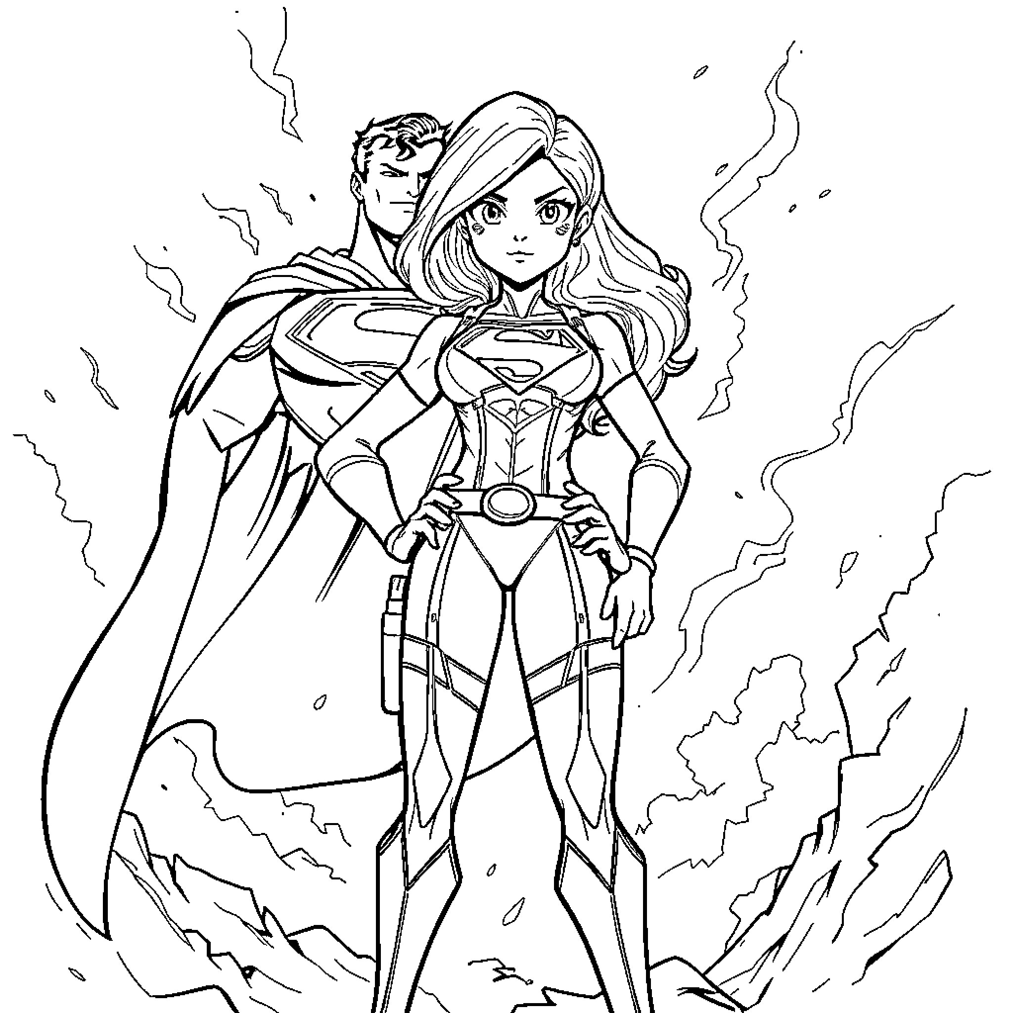 Zoey and the Superhero in Action Coloring Page (free black-and-white line drawing printable PDF for all, from beginners to advanced learners, including children, teens, adults, and seniors)