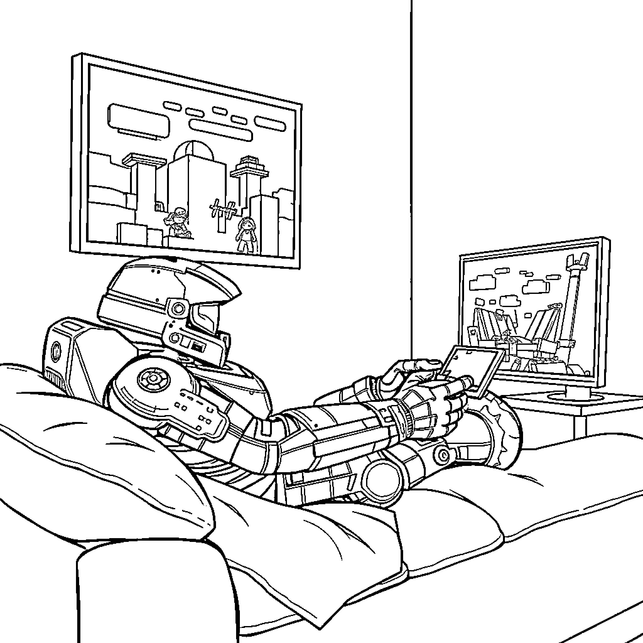 Master Chief playing video game in futuristic setting Coloring Page (free black-and-white line drawing printable PDF for all, from beginners to advanced learners, including children, teens, adults, and seniors)