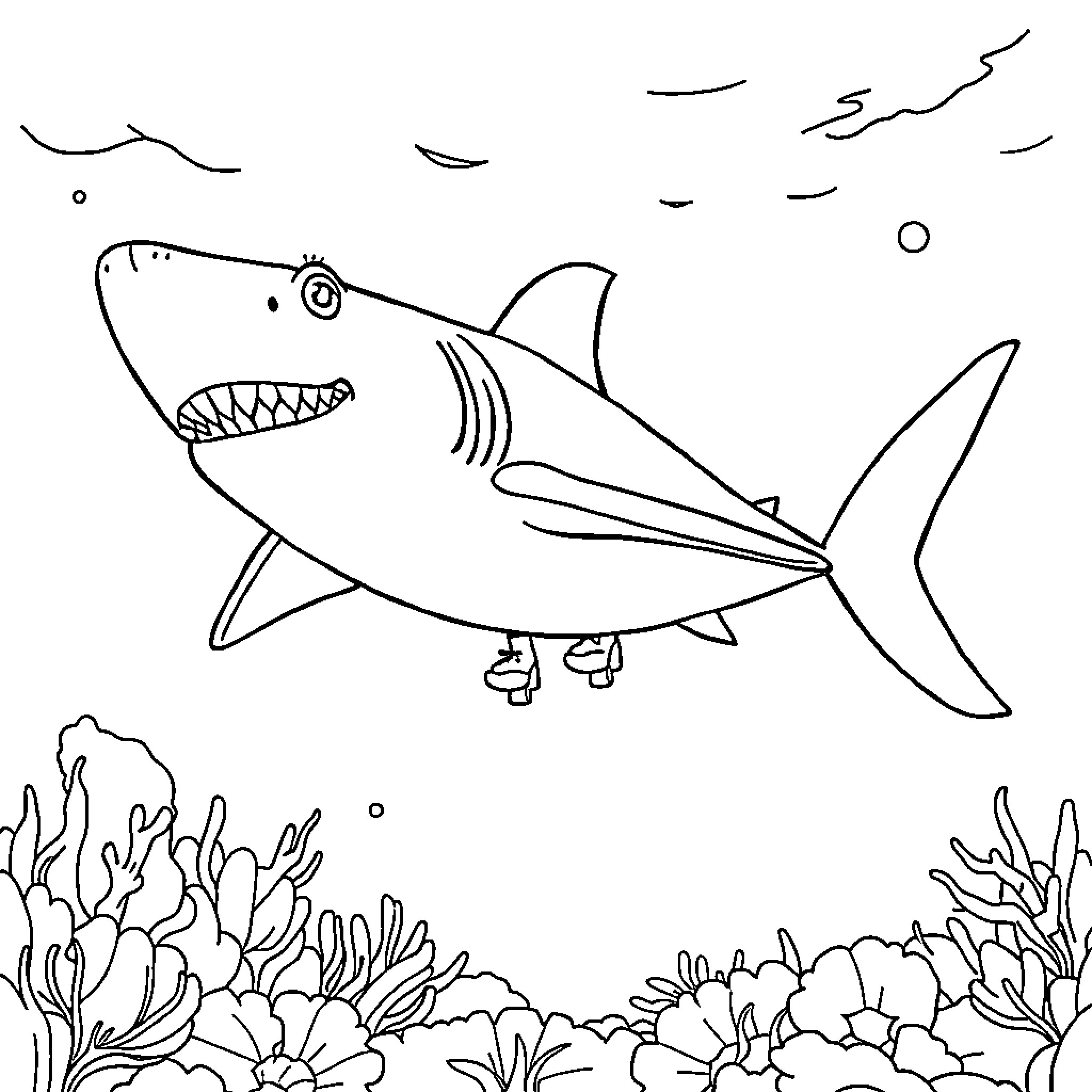 Shark swimming over coral reef Coloring Page (free black-and-white line drawing printable PDF for all, from beginners to advanced learners, including children, teens, adults, and seniors)