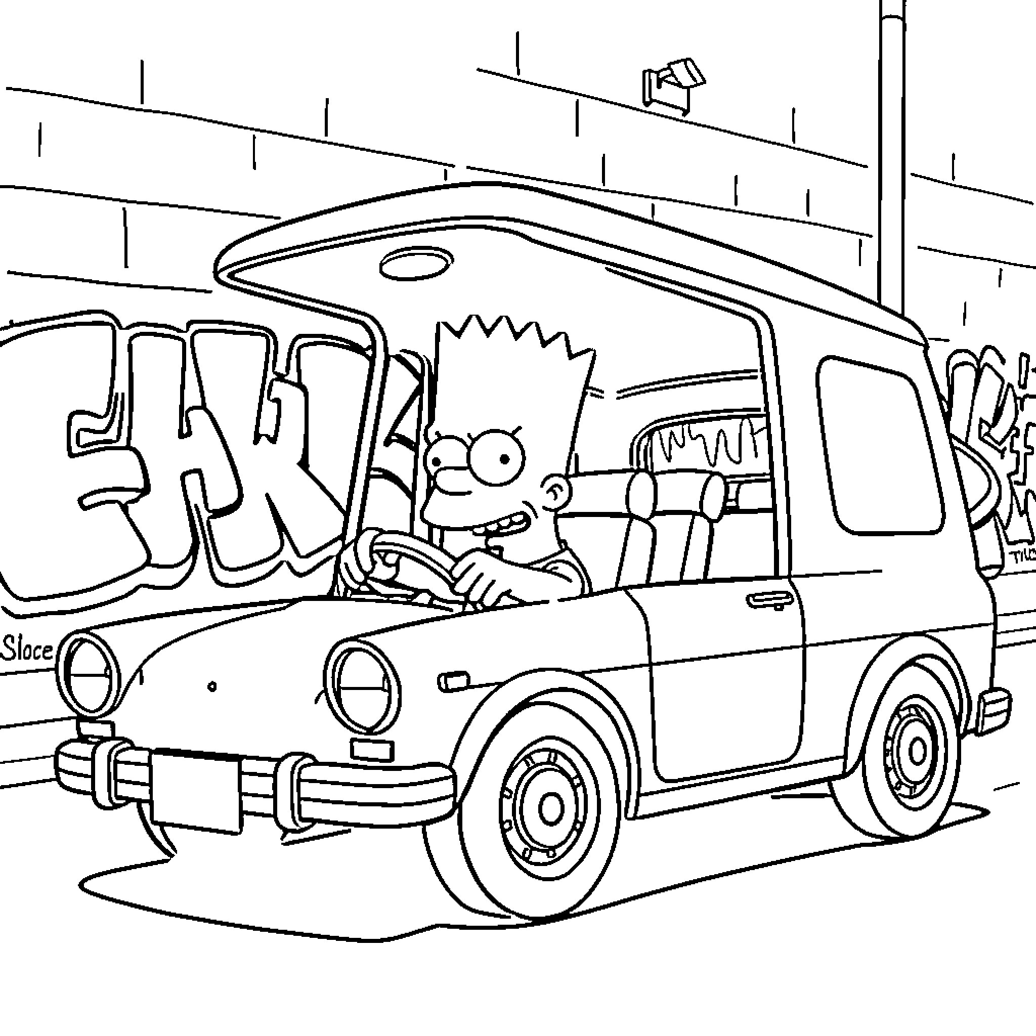 Bart Simpson driving a graffiti-covered van Coloring Page (free black-and-white line drawing printable PDF for all, from beginners to advanced learners, including children, teens, adults, and seniors)