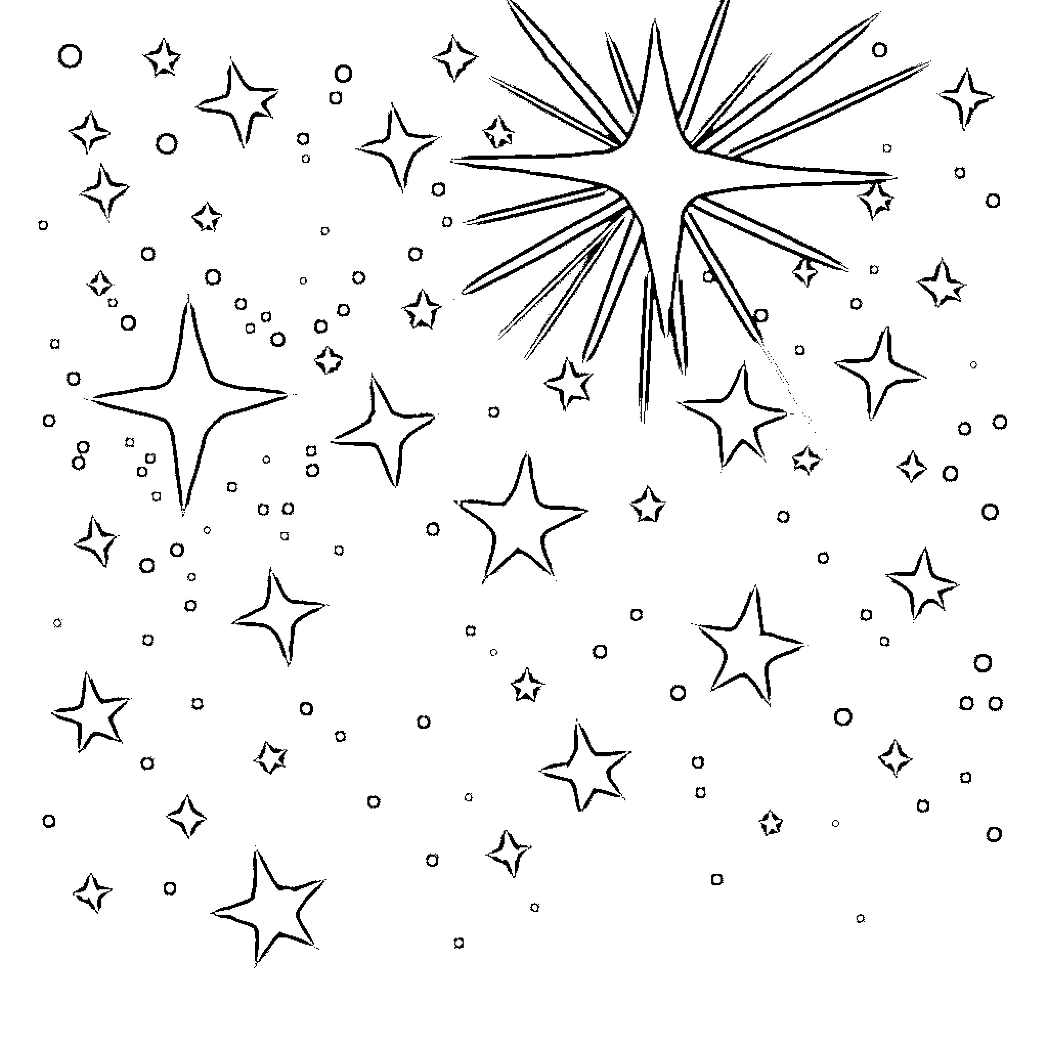 Star-Filled Sky Bursting with Radiant Energy Coloring Page (free black-and-white line drawing printable PDF for all, from beginners to advanced learners, including children, teens, adults, and seniors)