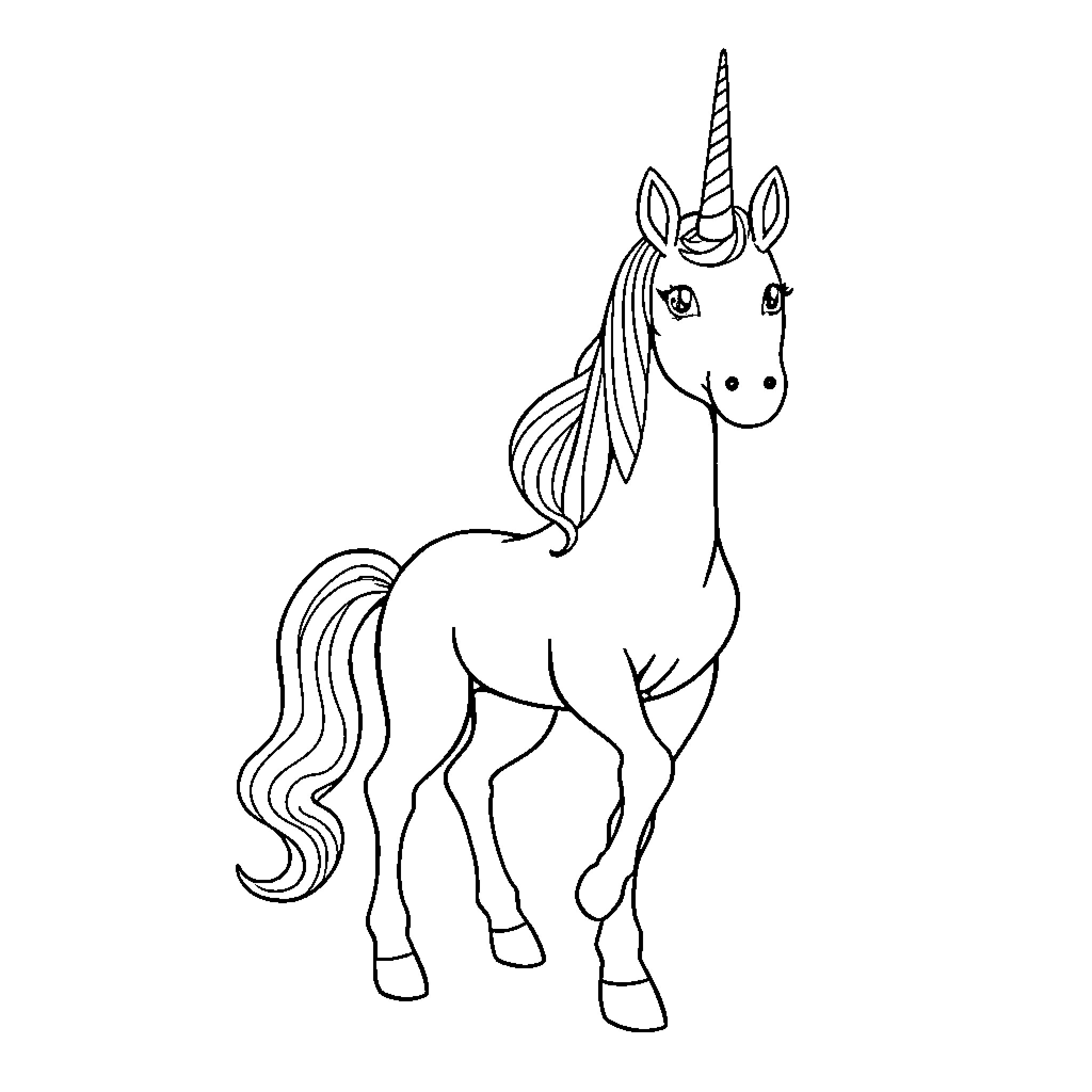 Unicorn with whimsical appearance Coloring Page (free black-and-white line drawing printable PDF for all, from beginners to advanced learners, including children, teens, adults, and seniors)