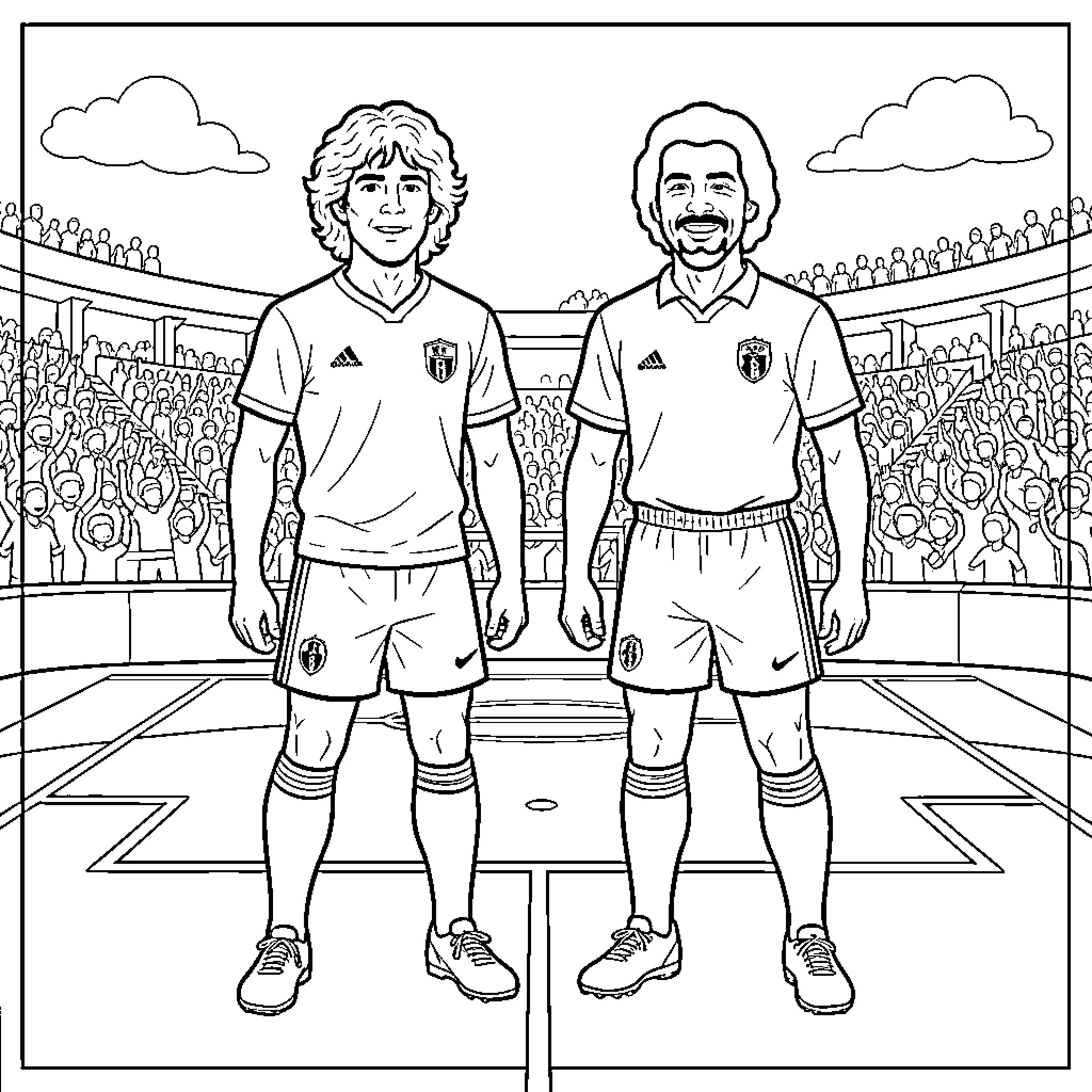Maradona and teammate on soccer field with crowd Coloring Page (free black-and-white line drawing printable PDF for all, from beginners to advanced learners, including children, teens, adults, and seniors)