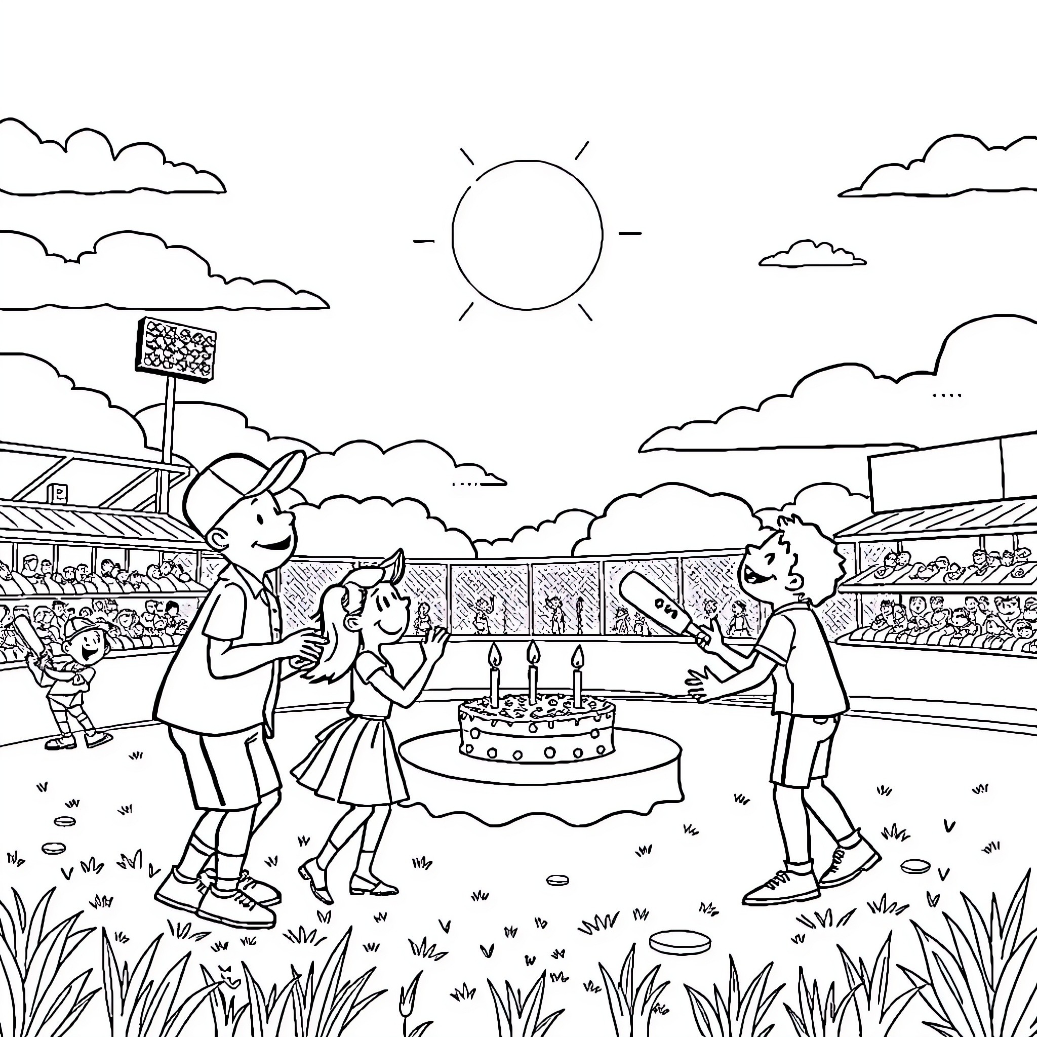 Birthday Celebration at the Baseball Stadium Coloring Page (free black-and-white line drawing printable PDF for all, from beginners to advanced learners, including children, teens, adults, and seniors)