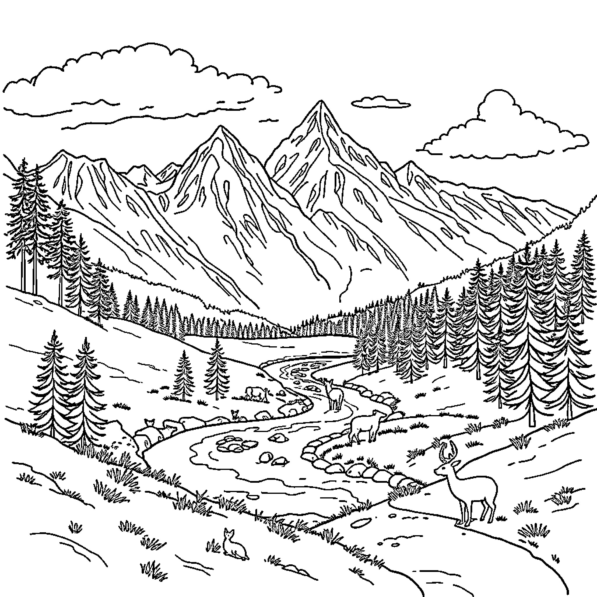 Landscape of Majestic Mountains and Serene Wilderness Coloring Page (free black-and-white line drawing printable PDF for all, from beginners to advanced learners, including children, teens, adults, and seniors)