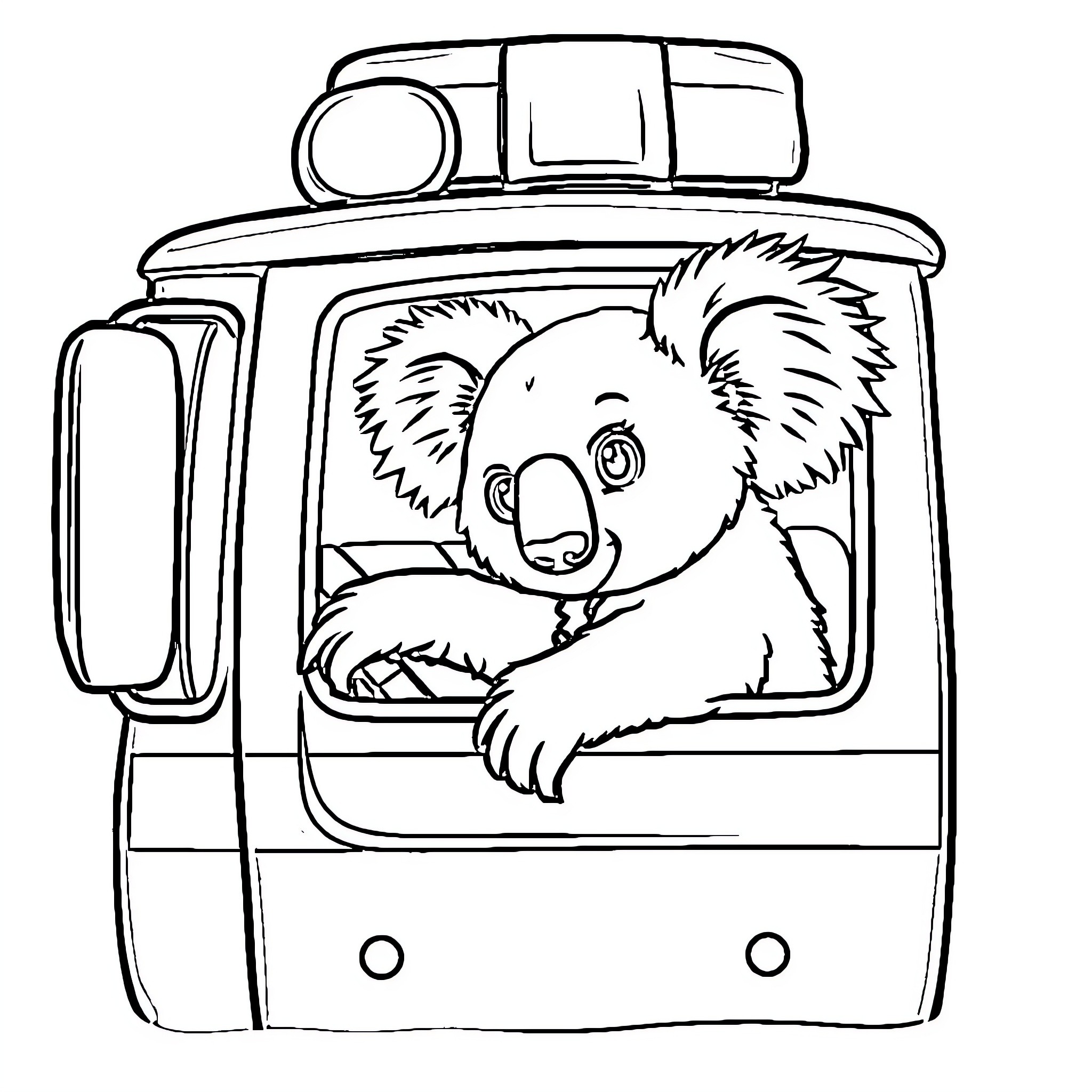Koala riding in a camper van on an adventure Coloring Page (free black-and-white line drawing printable PDF for all, from beginners to advanced learners, including children, teens, adults, and seniors)