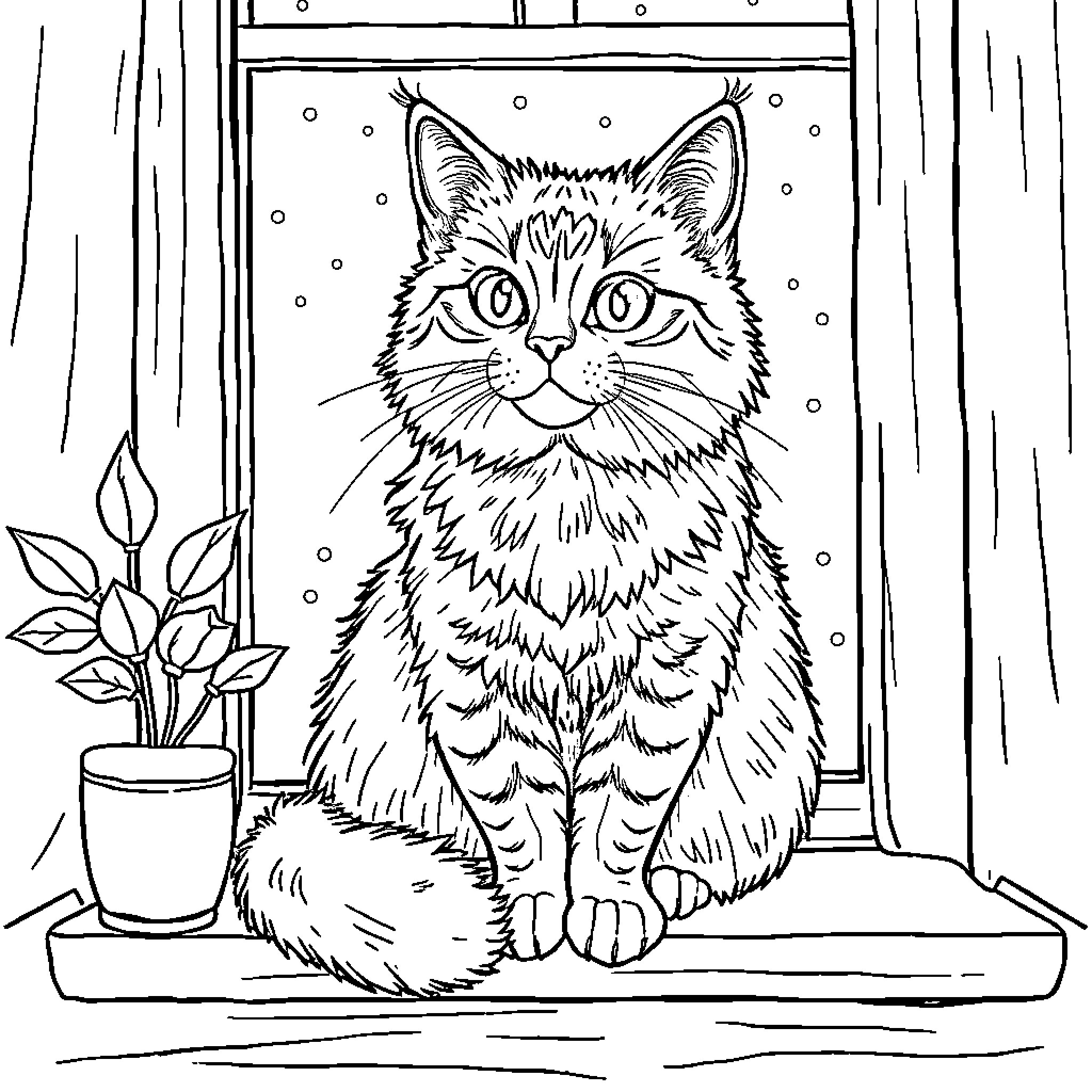 Levkoy Cat in a Cozy Indoor Scene Coloring Page (free black-and-white line drawing printable PDF for all, from beginners to advanced learners, including children, teens, adults, and seniors)