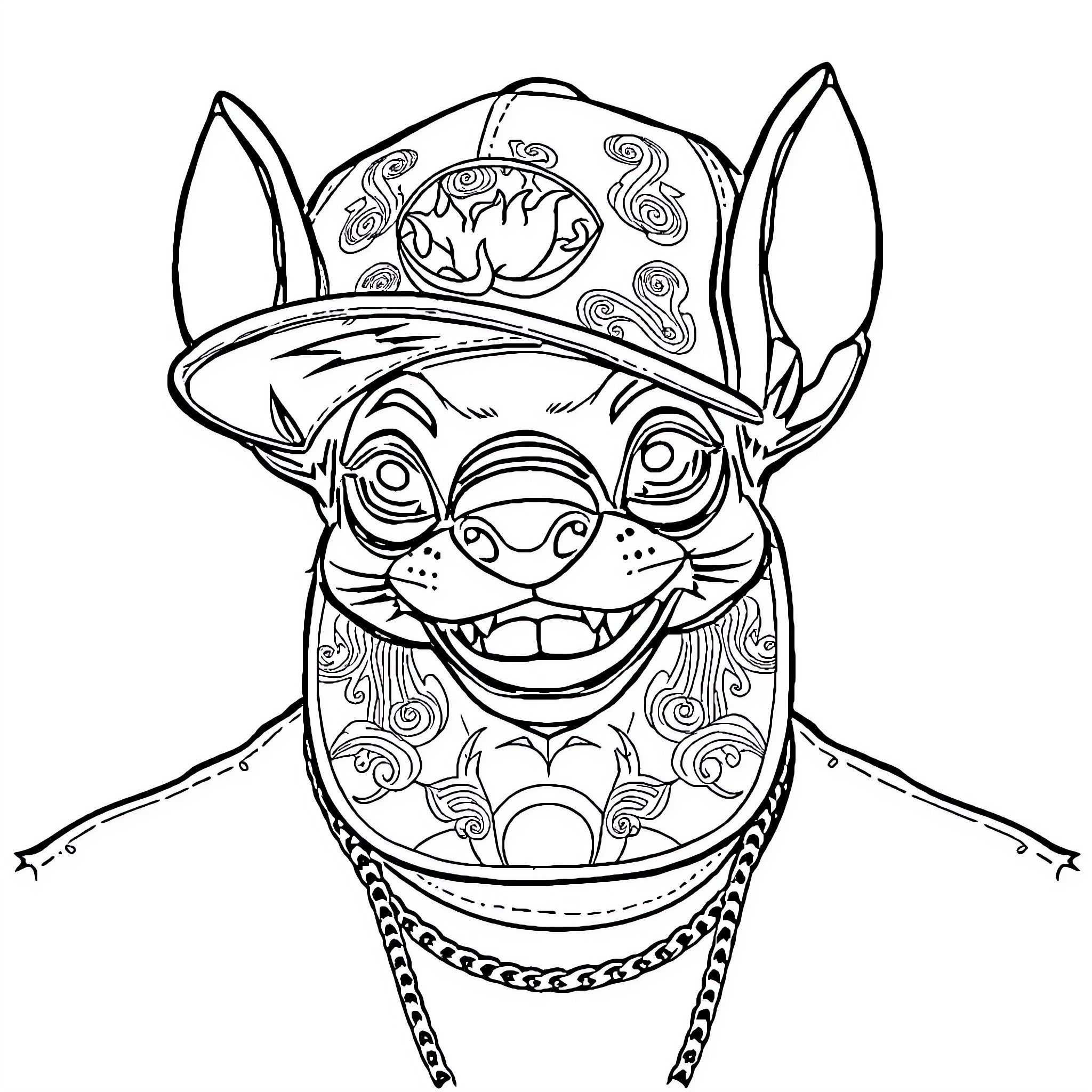 Stitch in traditional Hawaiian attire and accessories Coloring Page (free black-and-white line drawing printable PDF for all, from beginners to advanced learners, including children, teens, adults, and seniors)
