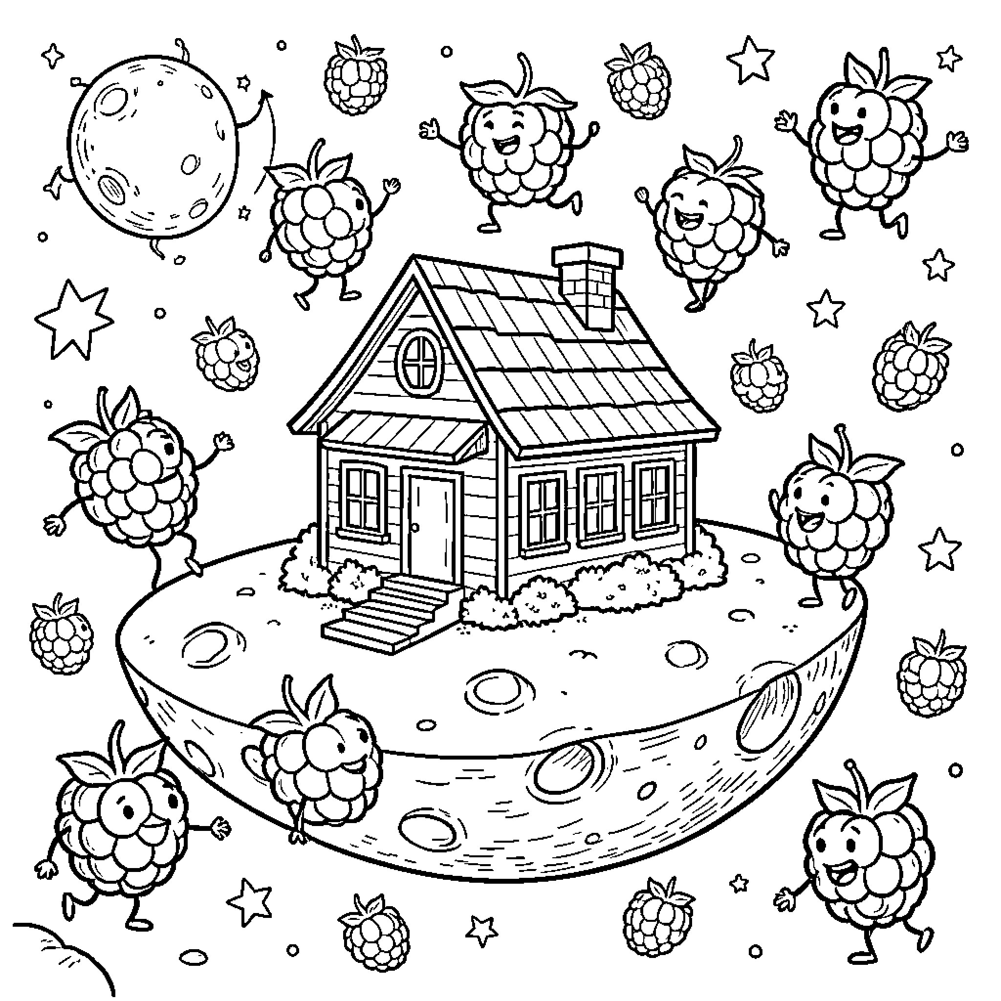 Maison on a moon surrounded by dancing raspberries Coloring Page (free black-and-white line drawing printable PDF for all, from beginners to advanced learners, including children, teens, adults, and seniors)