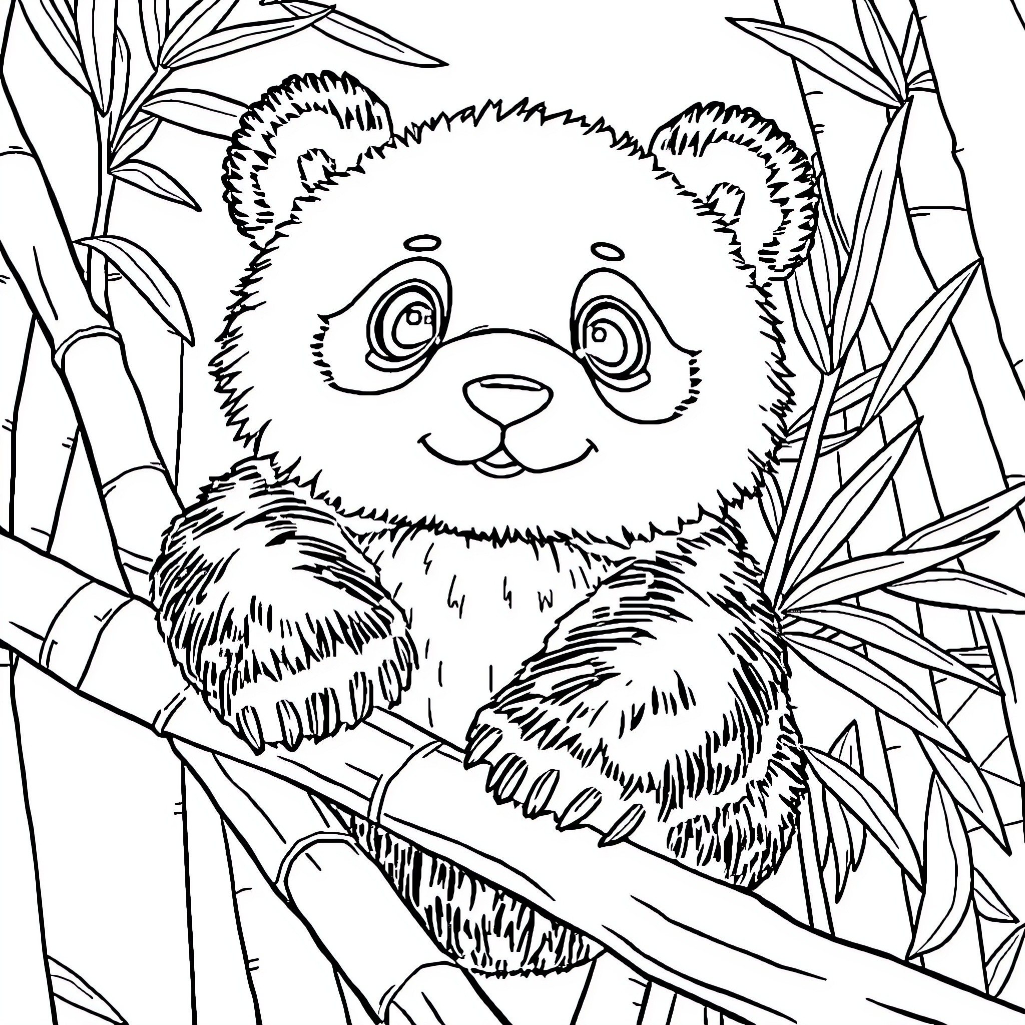 Panda resting peacefully in bamboo forest Coloring Page (free black-and-white line drawing printable PDF for all, from beginners to advanced learners, including children, teens, adults, and seniors)