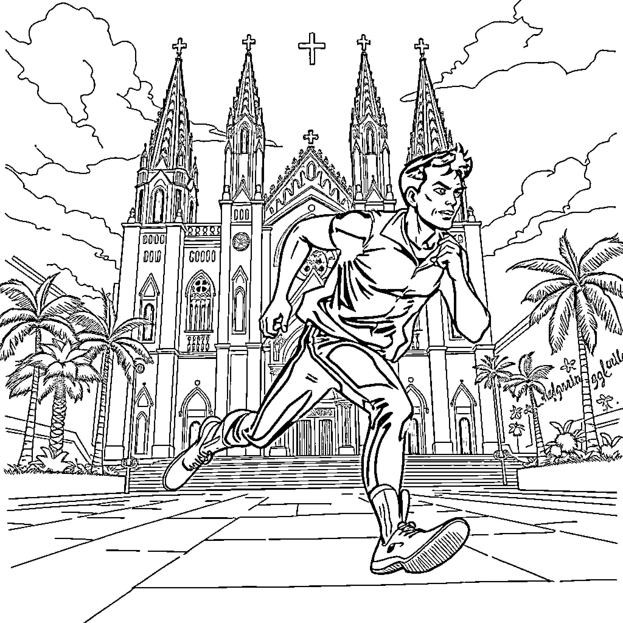 Miles Morales running in front of cathedral Coloring Page (free black-and-white line drawing printable PDF for all, from beginners to advanced learners, including children, teens, adults, and seniors)