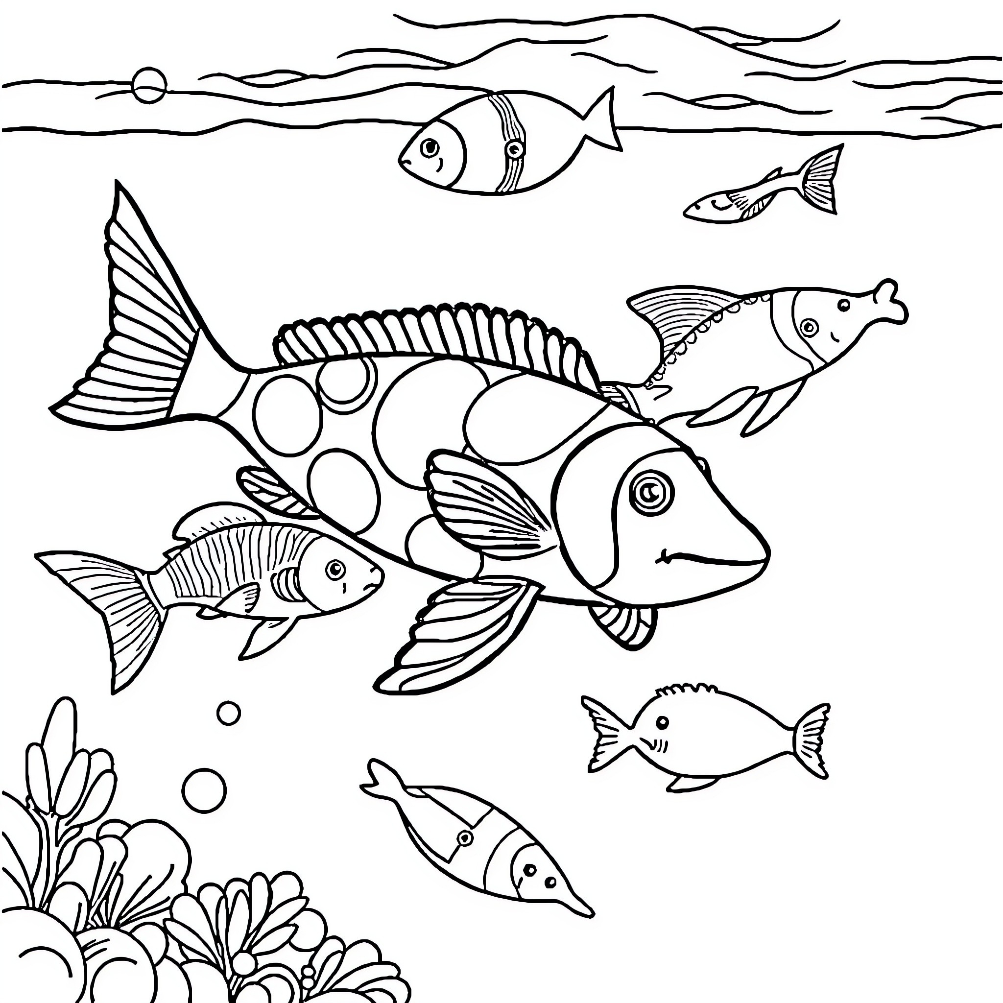 Sea Animals in an Underwater Scene Coloring Page (free black-and-white line drawing printable PDF for all, from beginners to advanced learners, including children, teens, adults, and seniors)