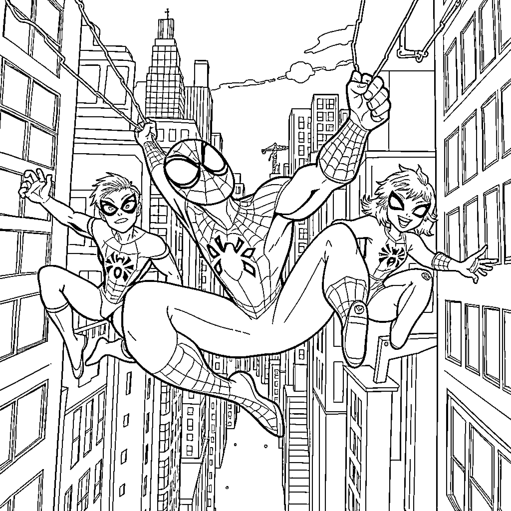 Spider Heroes Swinging Through Cityscape Coloring Page (free black-and-white line drawing printable PDF for all, from beginners to advanced learners, including children, teens, adults, and seniors)