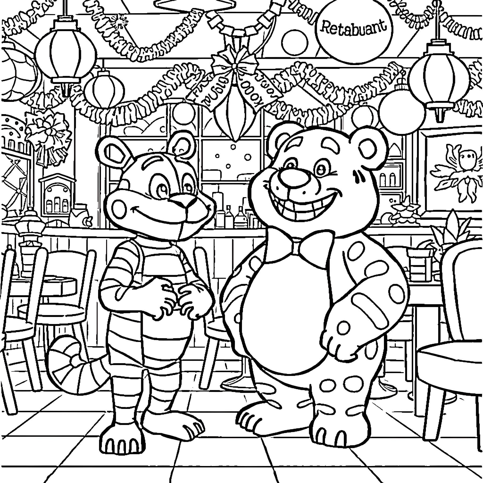 Springtrap characters in a festive scene Coloring Page (free black-and-white line drawing printable PDF for all, from beginners to advanced learners, including children, teens, adults, and seniors)