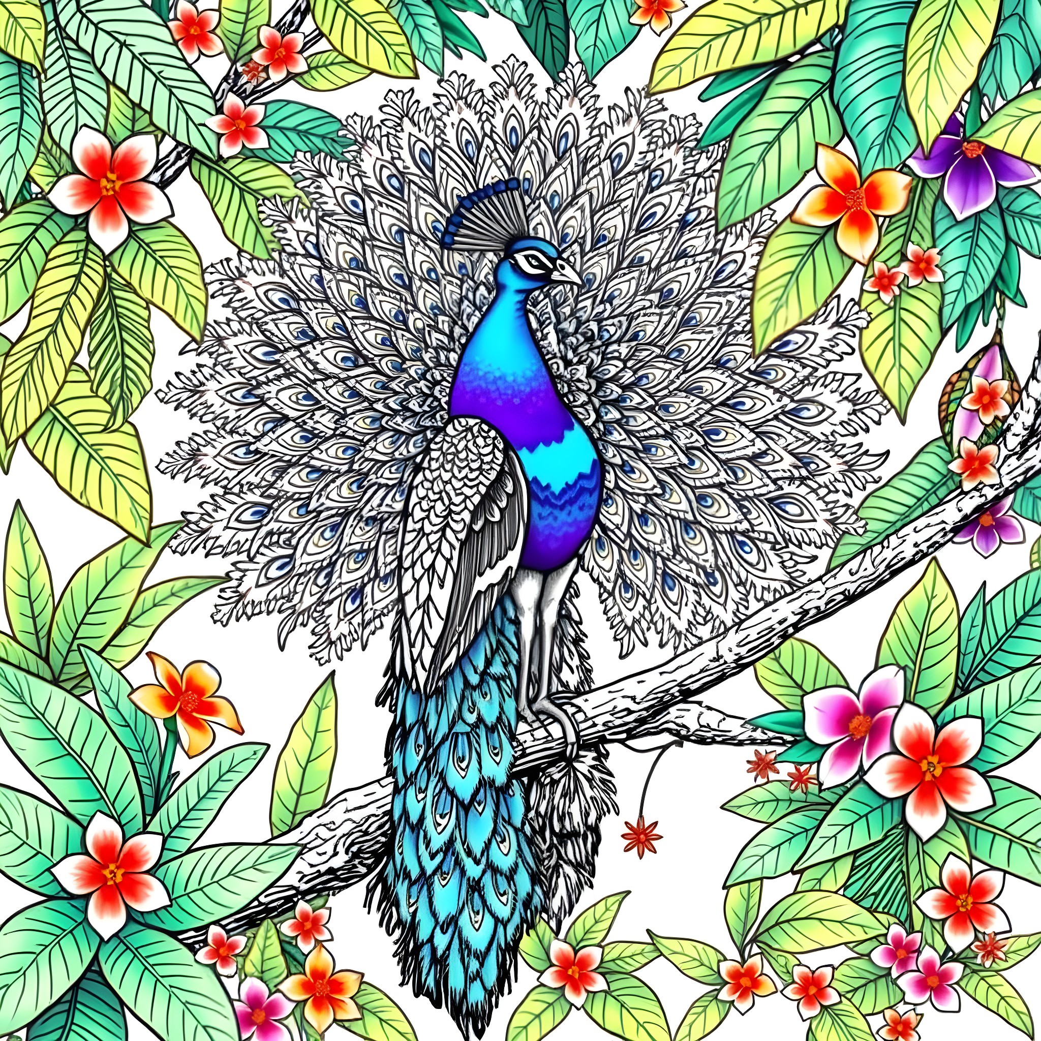Peacock displaying its vibrant plumage amidst tropical foliage Coloring Page (free black-and-white line drawing printable PDF for all, from beginners to advanced learners, including children, teens, adults, and seniors)