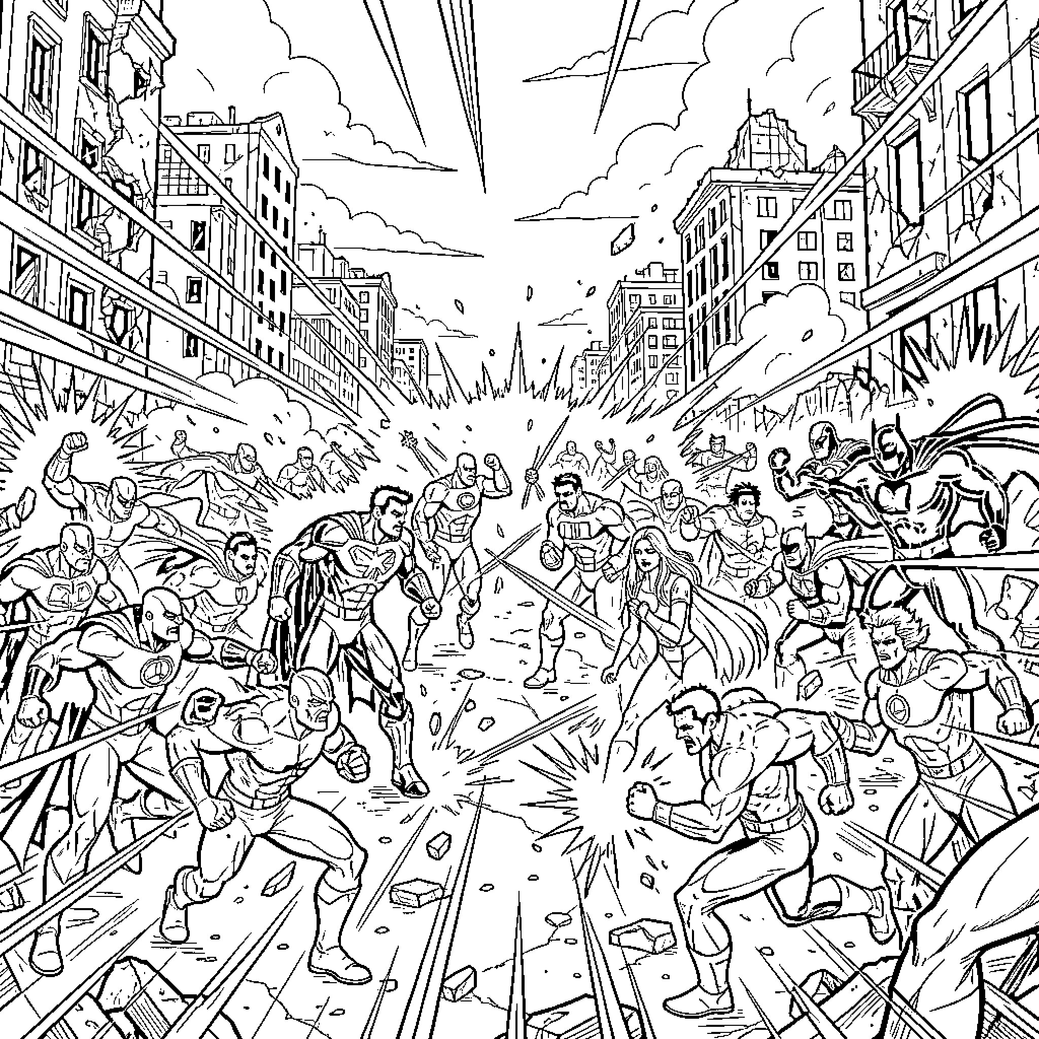 Hero characters engaging in an intense epic battle Coloring Page (free black-and-white line drawing printable PDF for all, from beginners to advanced learners, including children, teens, adults, and seniors)