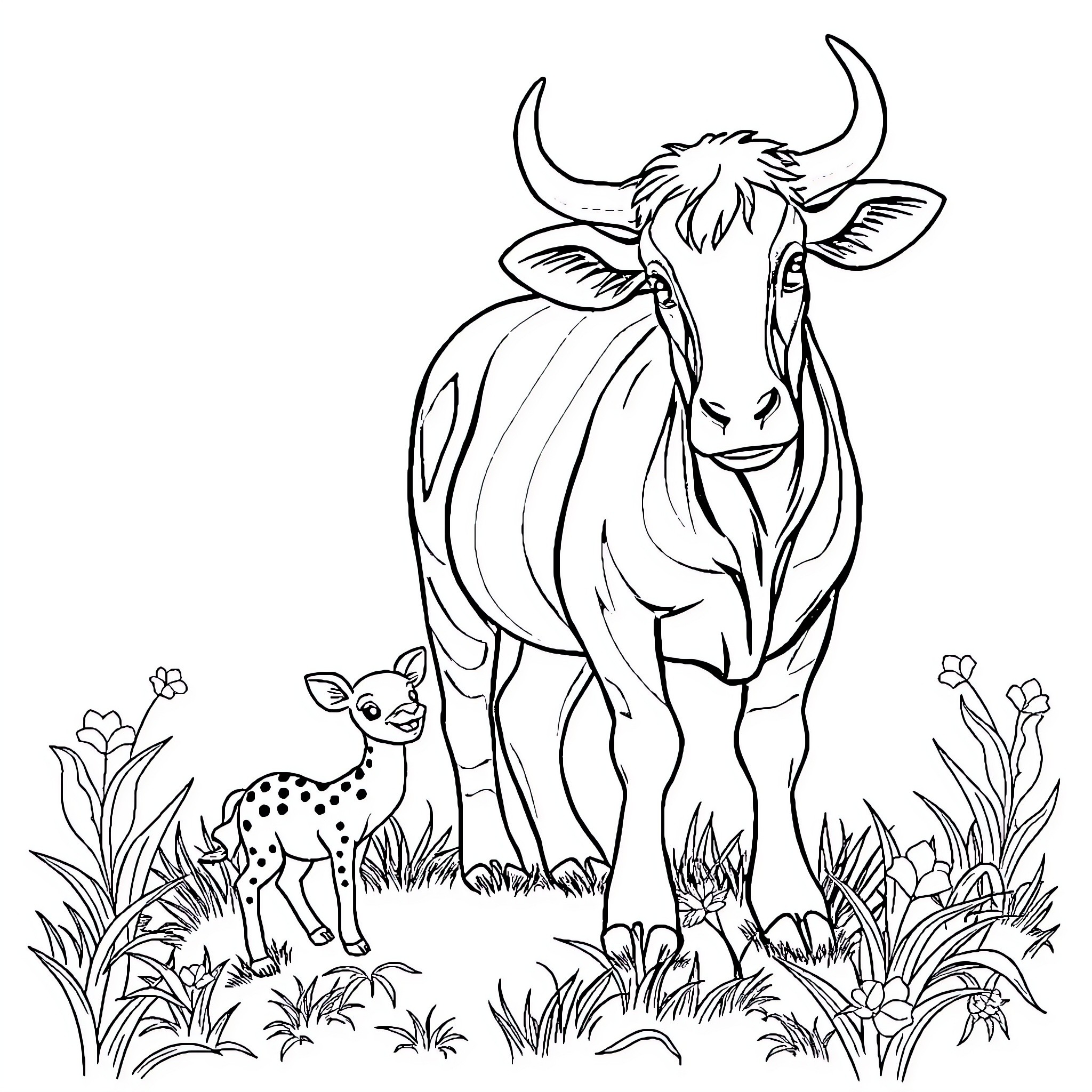 Cow and Goat in a Serene Field Coloring Page (free black-and-white line drawing printable PDF for all, from beginners to advanced learners, including children, teens, adults, and seniors)