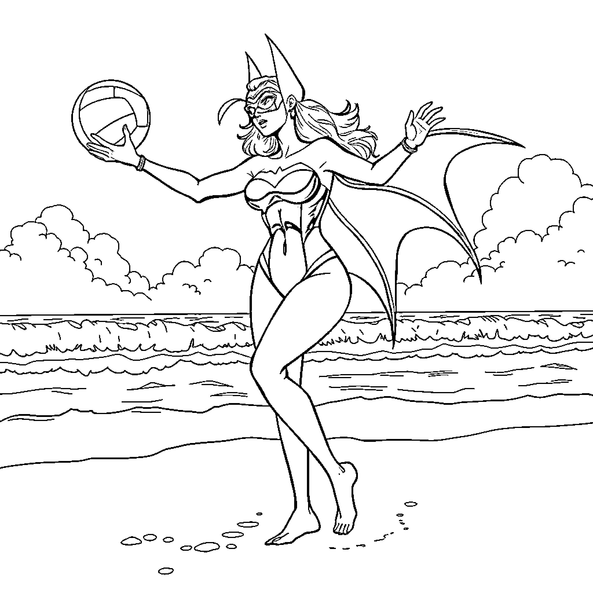 Bat Woman playing volleyball on the beach Coloring Page (free black-and-white line drawing printable PDF for all, from beginners to advanced learners, including children, teens, adults, and seniors)