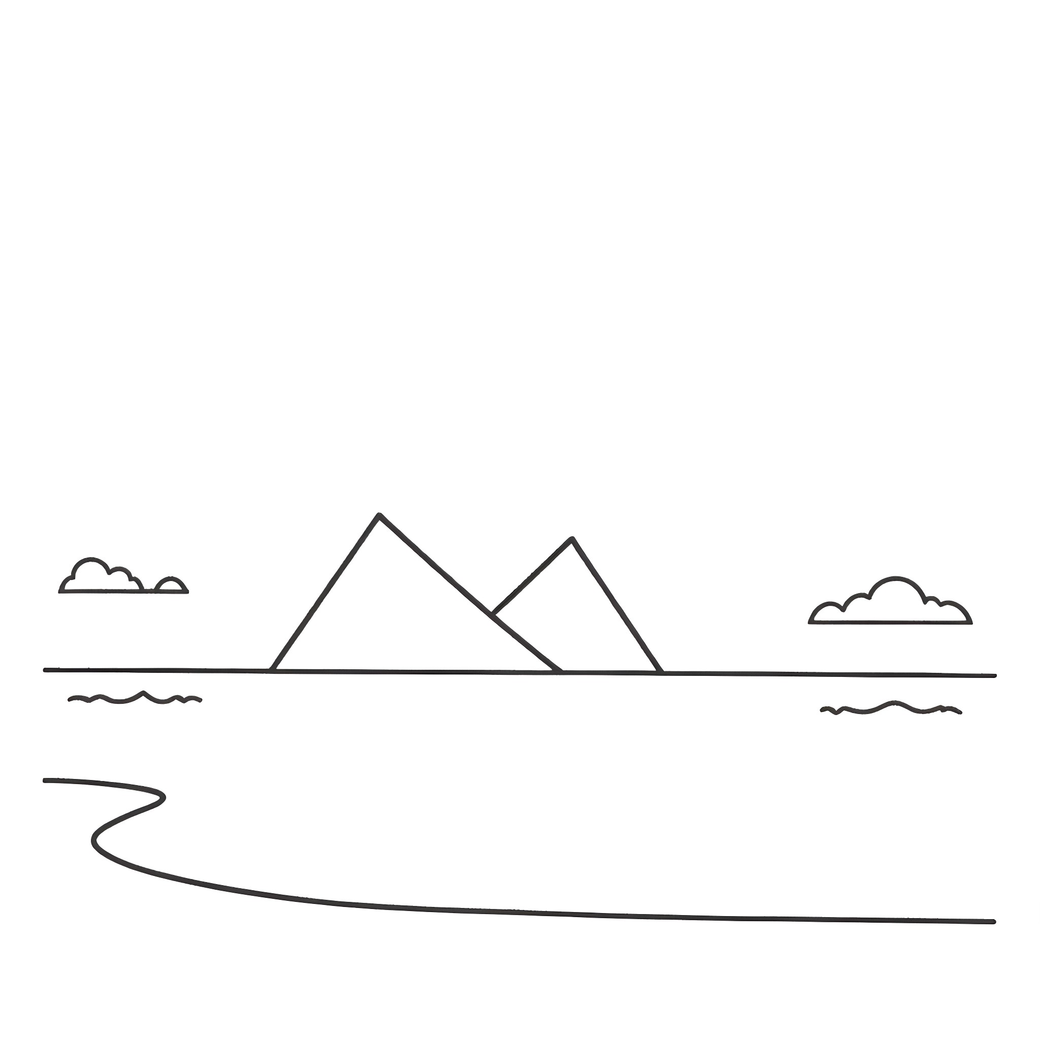Mountain landscape with river and clouds Coloring Page (free black-and-white line drawing printable PDF for all, from beginners to advanced learners, including children, teens, adults, and seniors)