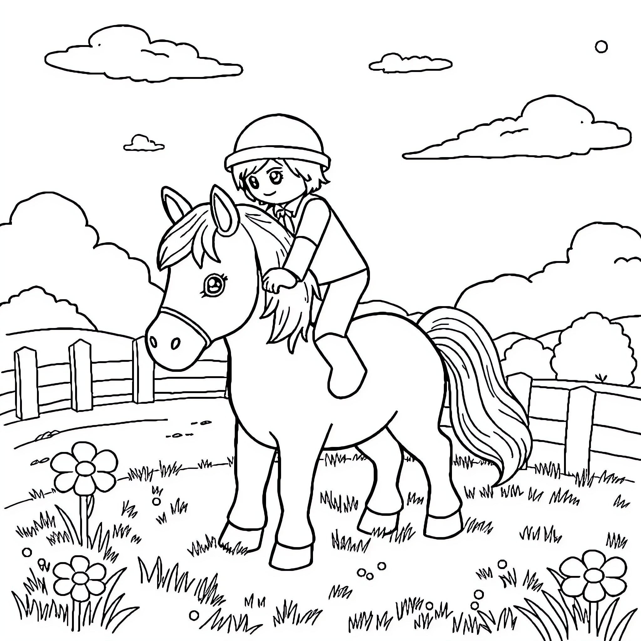 Playmobil cowboy riding a horse in the countryside Coloring Page (free black-and-white line drawing printable PDF for all, from beginners to advanced learners, including children, teens, adults, and seniors)