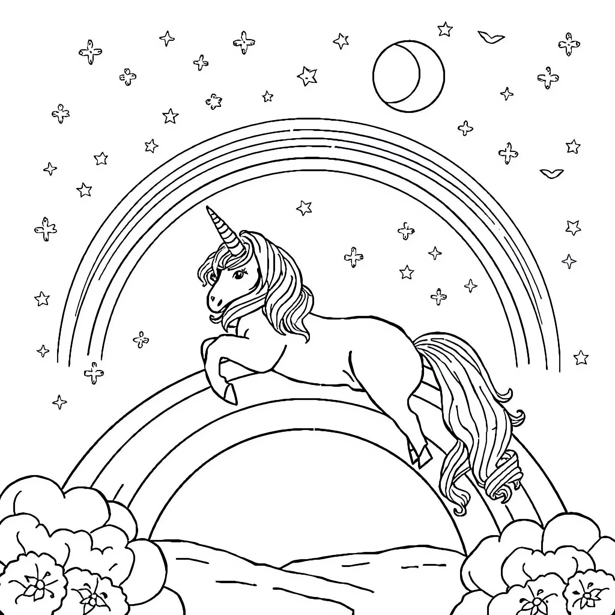 Unicorn resting under a starry night sky Coloring Page (free black-and-white line drawing printable PDF for all, from beginners to advanced learners, including children, teens, adults, and seniors)