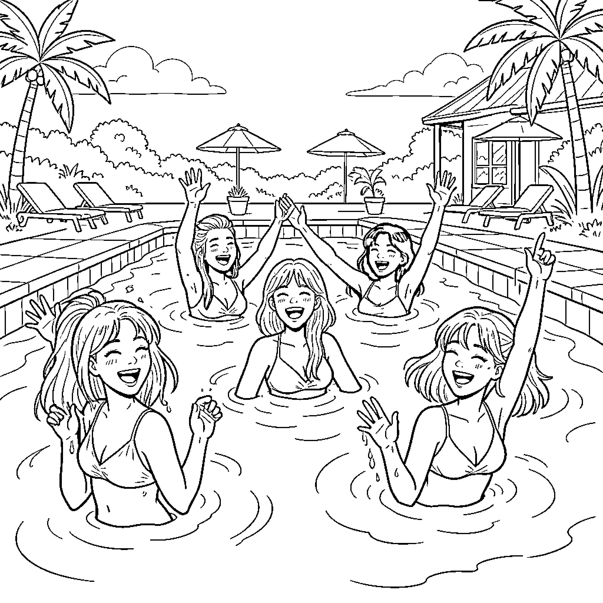 K Pop idols cheering and laughing in a pool Coloring Page (free black-and-white line drawing printable PDF for all, from beginners to advanced learners, including children, teens, adults, and seniors)