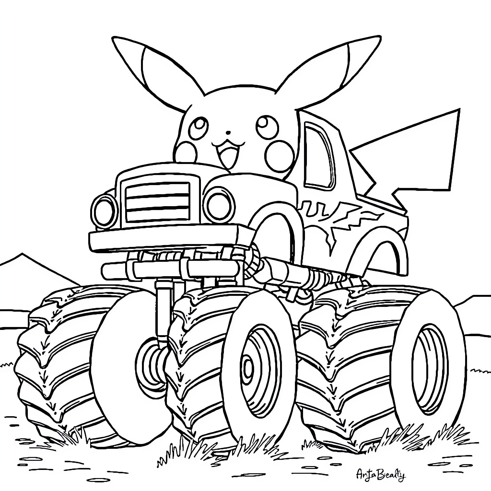 Pikachu driving a monster truck Coloring Page (free black-and-white line drawing printable PDF for all, from beginners to advanced learners, including children, teens, adults, and seniors)
