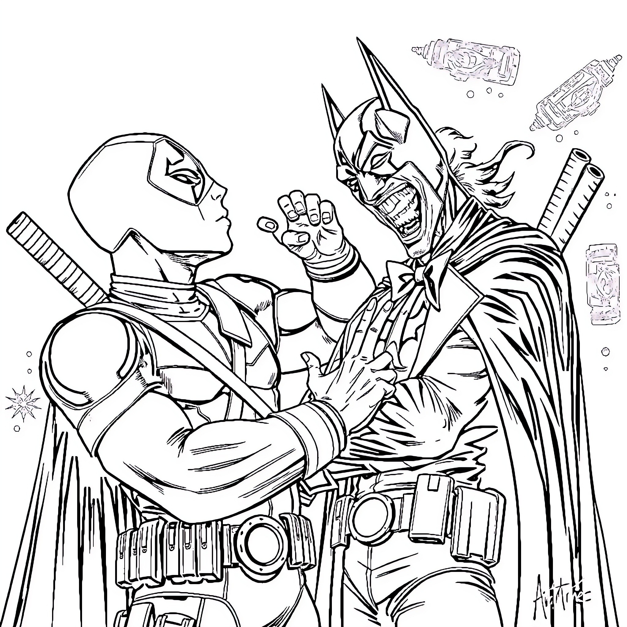 Deadpool vs. Fierce Batman in Intense Confrontation Coloring Page (free black-and-white line drawing printable PDF for all, from beginners to advanced learners, including children, teens, adults, and seniors)