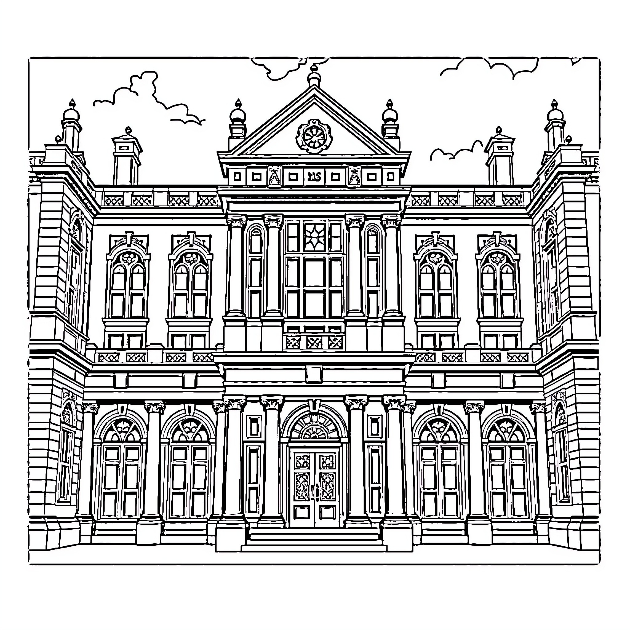 Wing of Elaborate Historic Palace Architecture Coloring Page (free black-and-white line drawing printable PDF for all, from beginners to advanced learners, including children, teens, adults, and seniors)